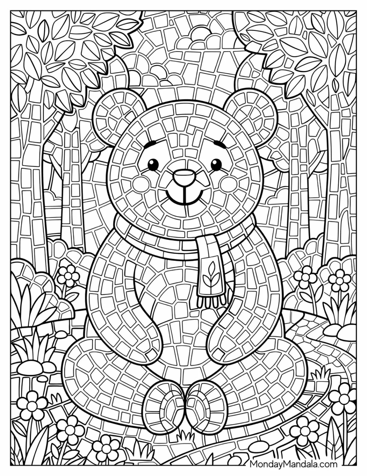 Teddy Bear Sitting in a Forest Mosaic Coloring Page coloring page