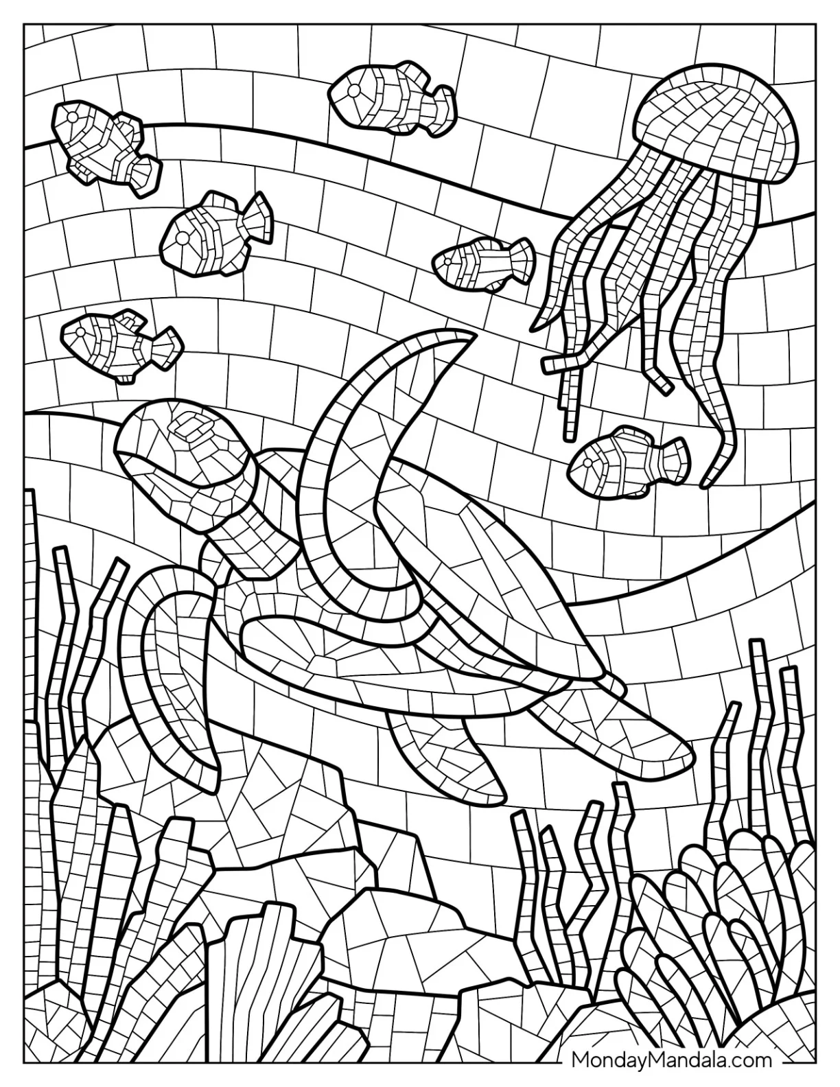 Turtle, Jellyfish, And Fish Under The Sea Mosaic Coloring Page coloring page