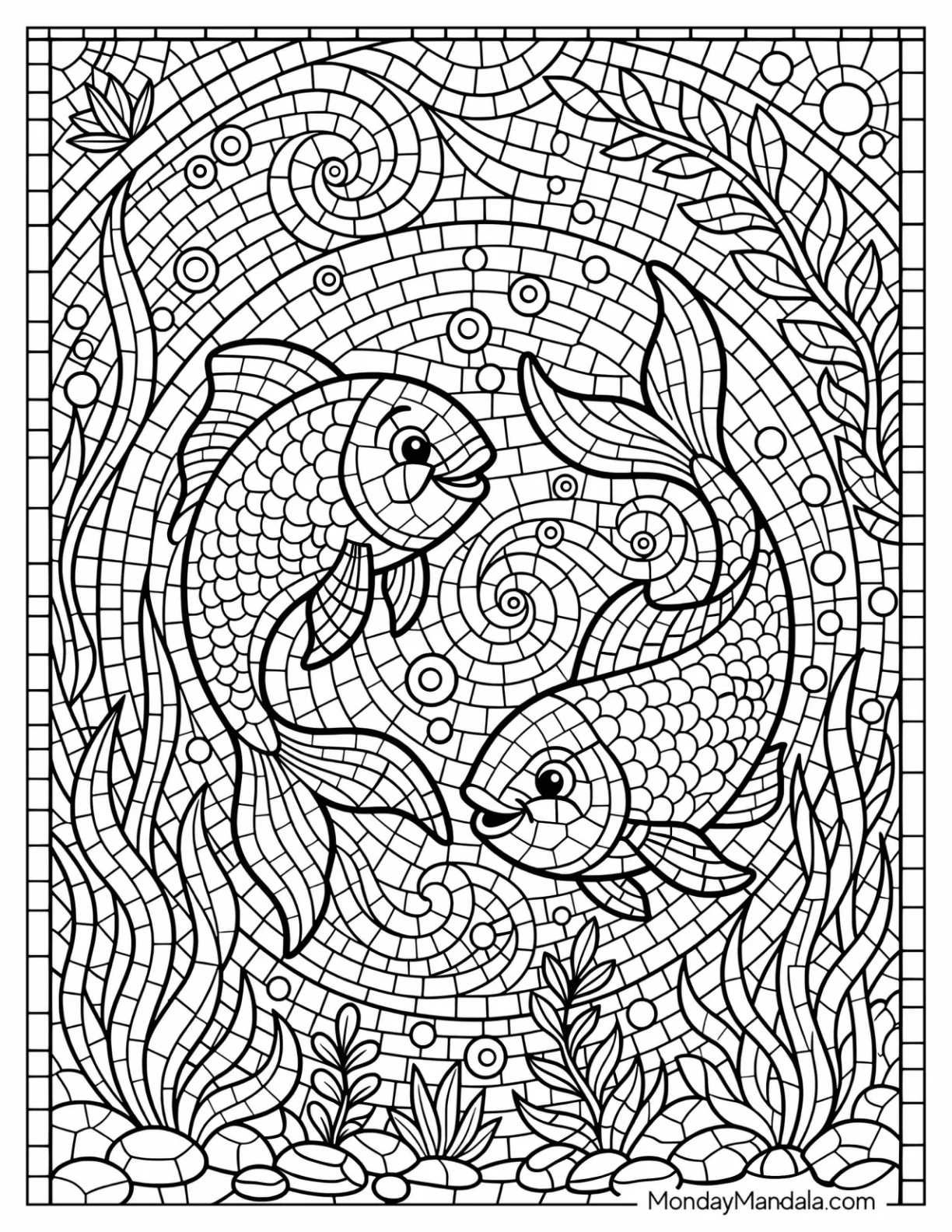 Two Koi Fish Swimming Among Aquatic Plants Mosaic Coloring Sheet coloring page