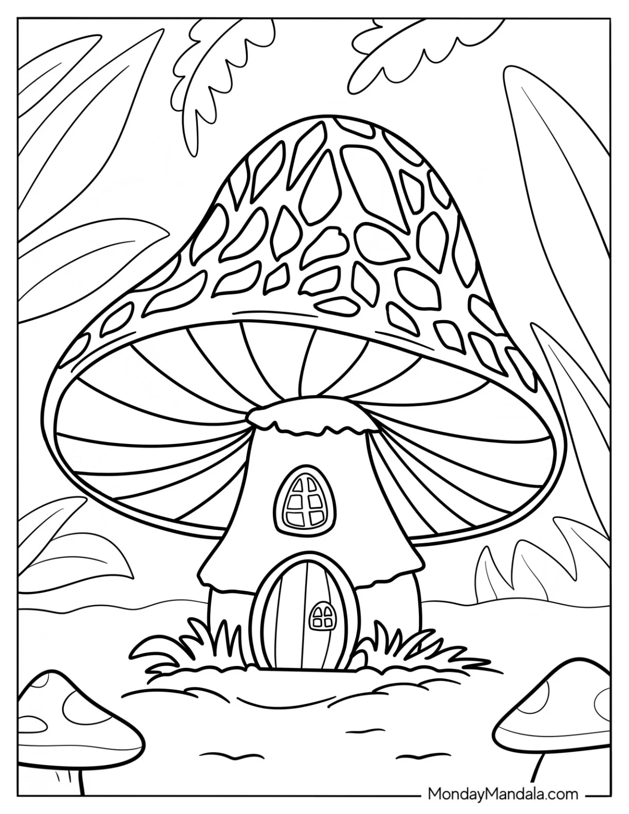 Adorable Mushroom Coloring Page House For Kids coloring page — printable line art
