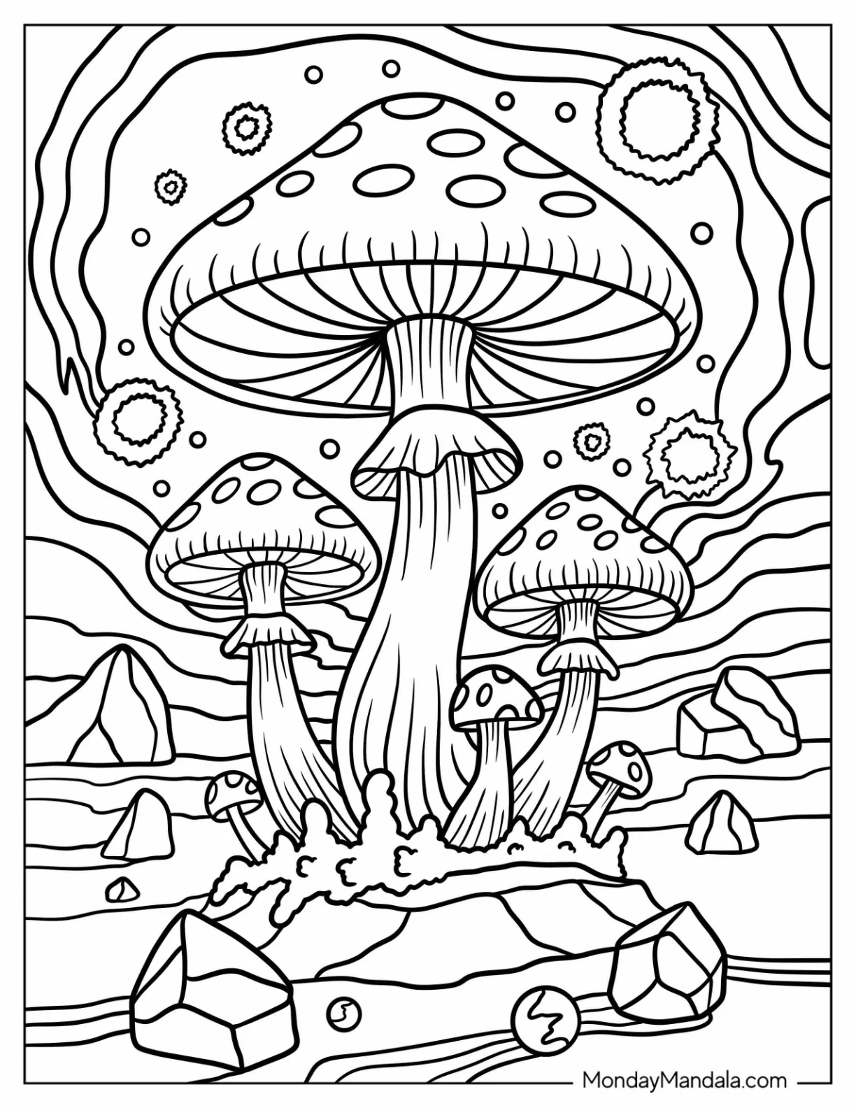 Alien Landscape with Giant Mushrooms and Floating Cosmic Spores Coloring Sheet coloring page
