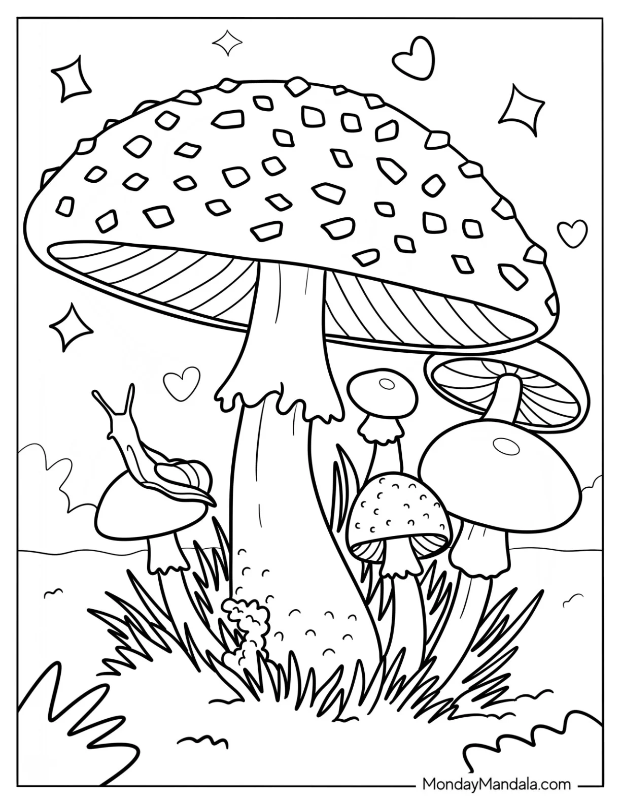 Amanita Muscaria Mushroom Coloring Page With Snail coloring page — printable line art
