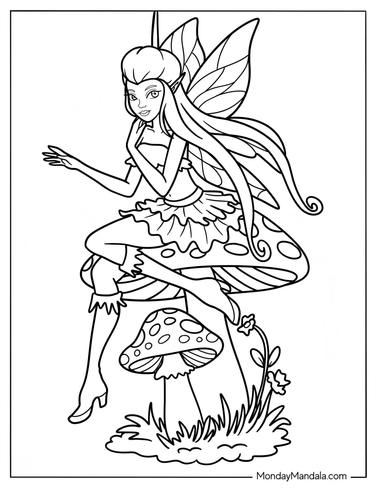Beautiful Fairy Lounging On Top Of A Mushroom Coloring Page coloring page — printable line art