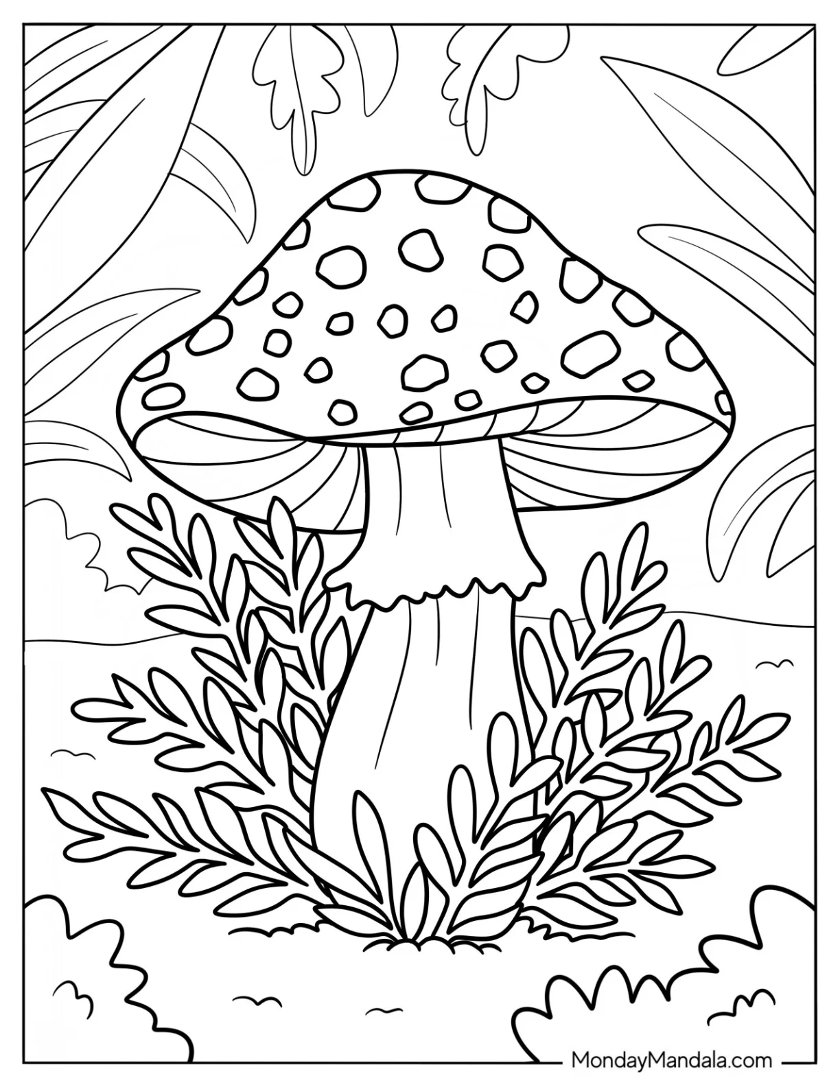 Beautiful Mushroom Coloring Page Growing With Weeds coloring page — printable line art