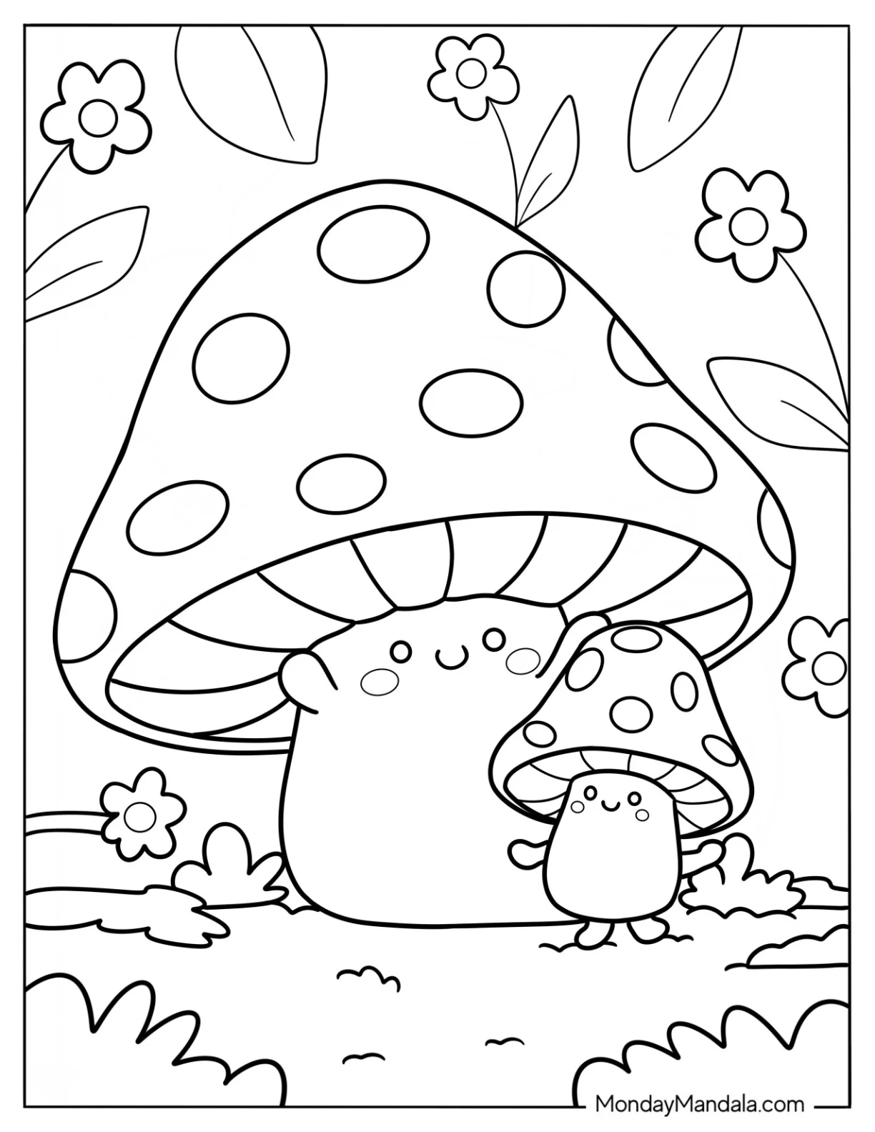 Big And Small Cartoon Mushroom Coloring Page In The Garden For Kids coloring page — printable line art