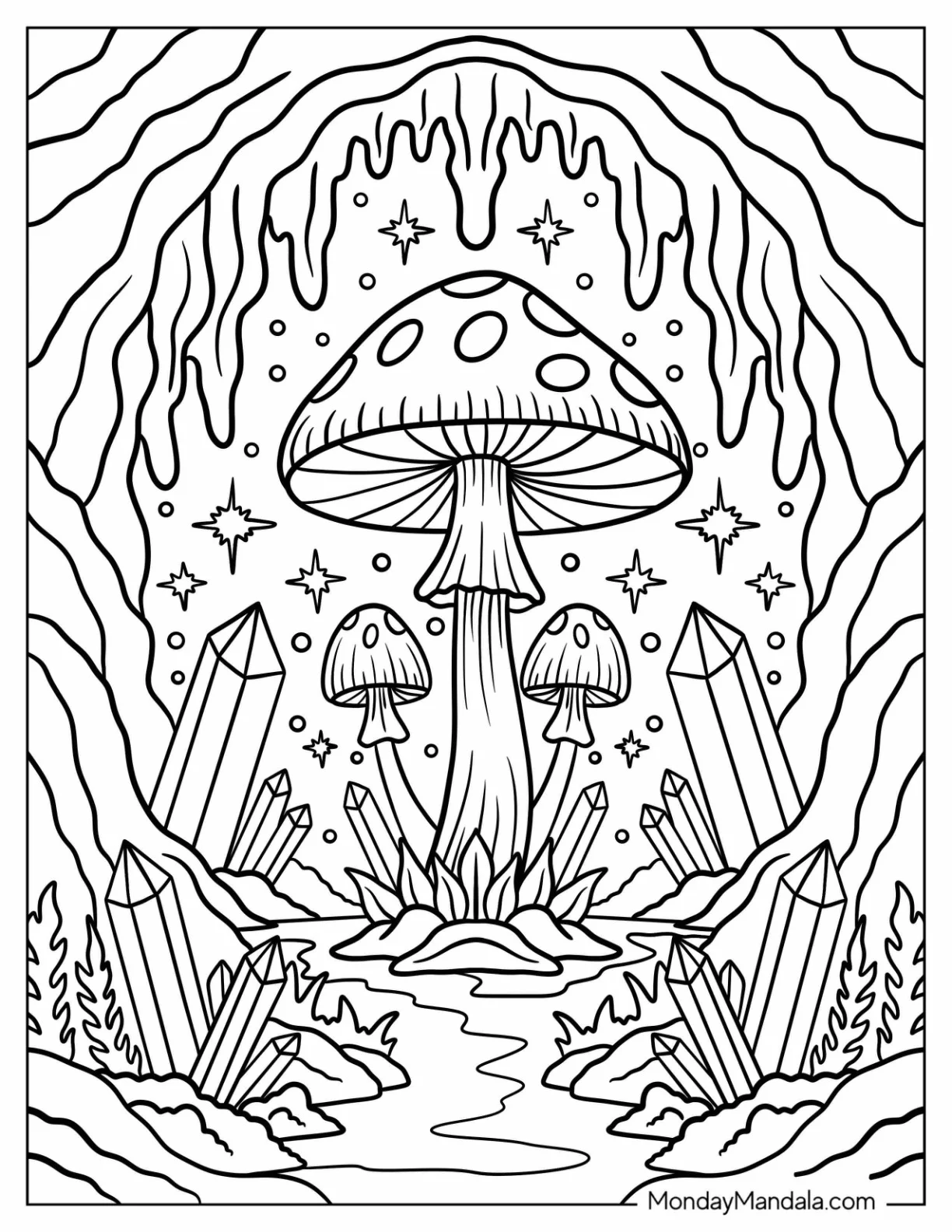 Crystal Cave with Glowing Mushrooms and Stalactites coloring page