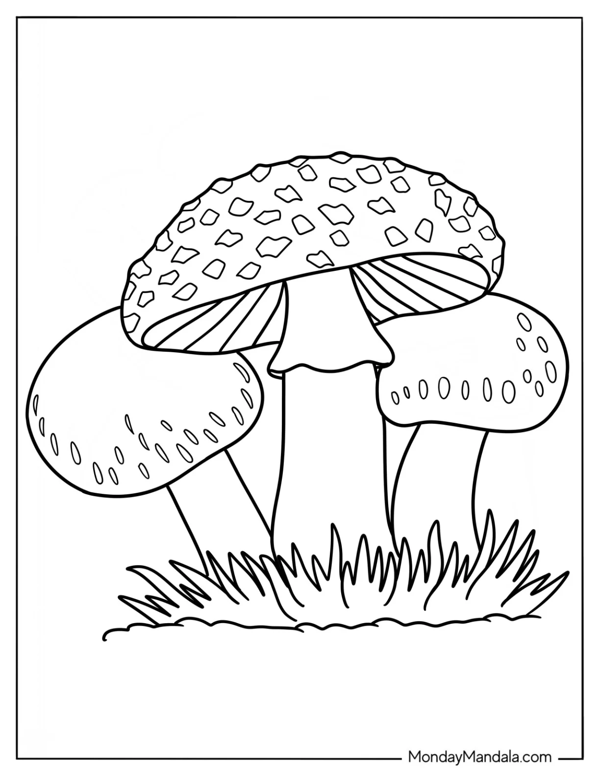 Easy Fly Agaric Mushroom Coloring Page Surrounded By Grass For Kids coloring page