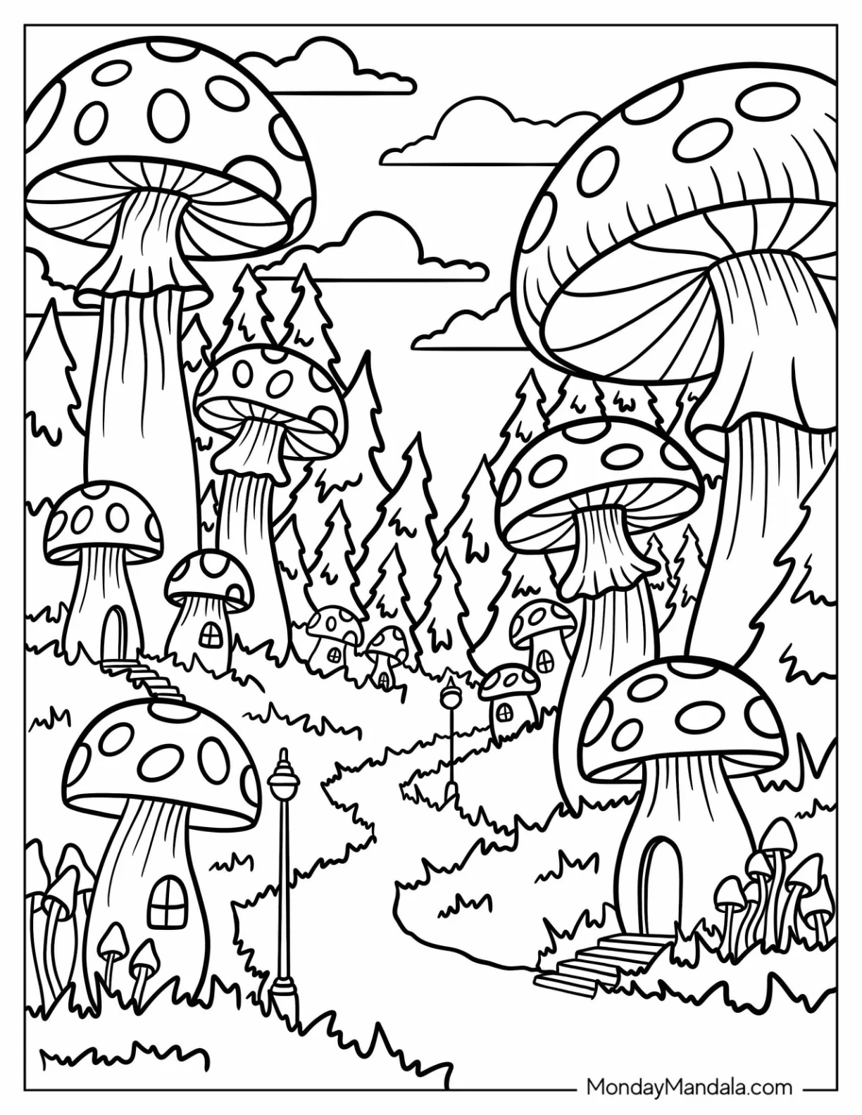 Enchanted Woodland Neighborhood with Mushroom Homes Coloring Page for Kids coloring page