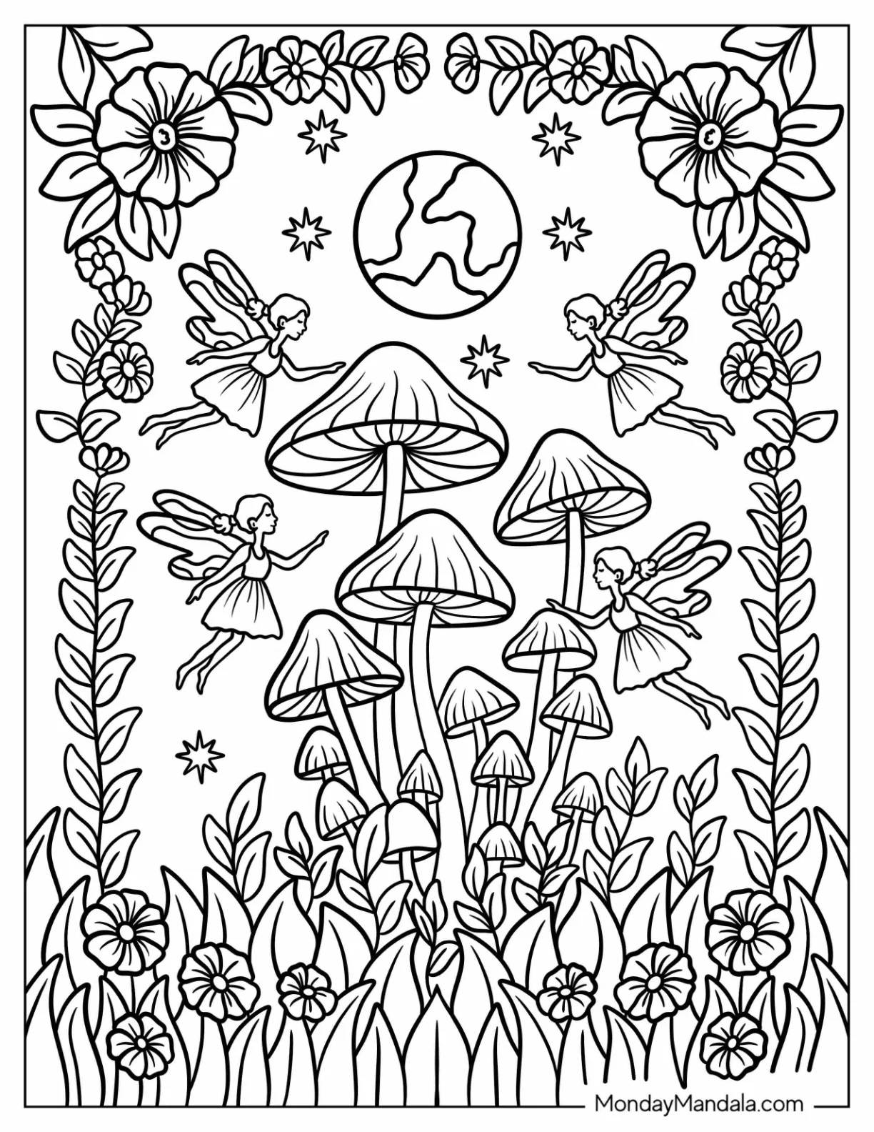 Fairies Dancing Around a Mushroom Ring Under the Moon Coloring Page coloring page