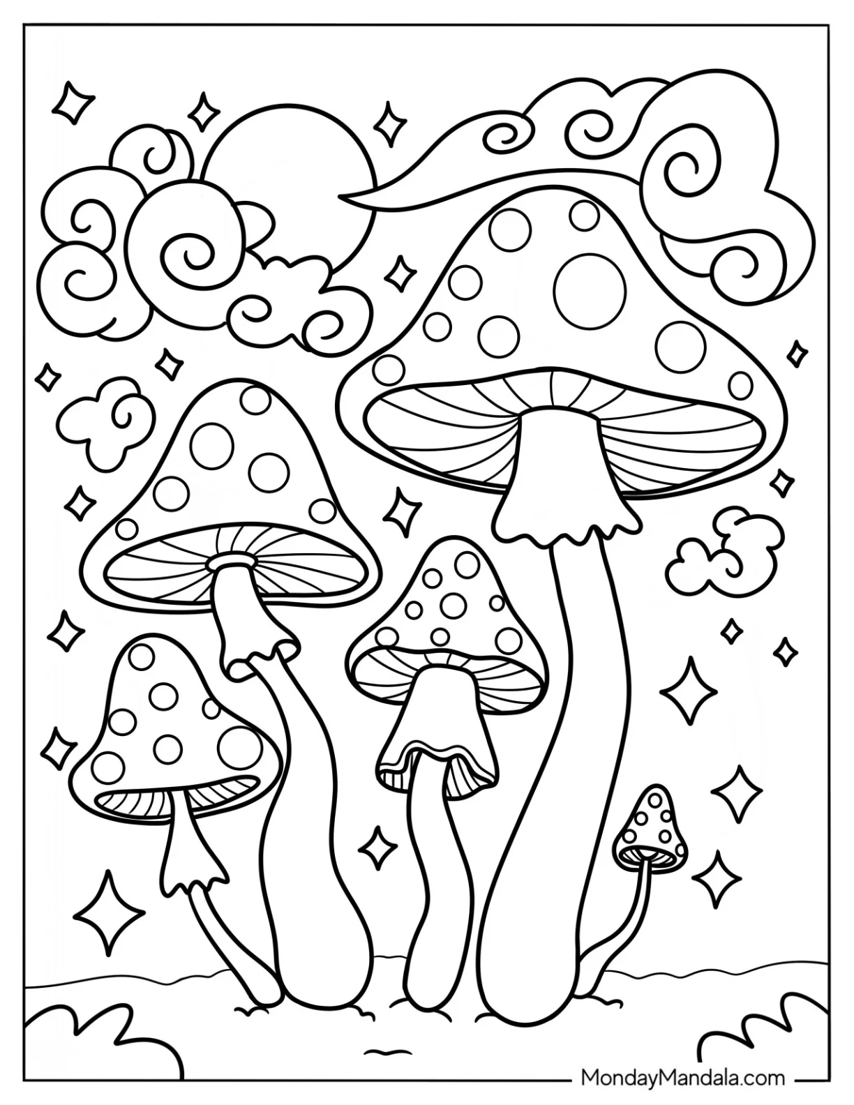 Fantasy Mushroom Coloring Page With Sparkles coloring page — printable line art