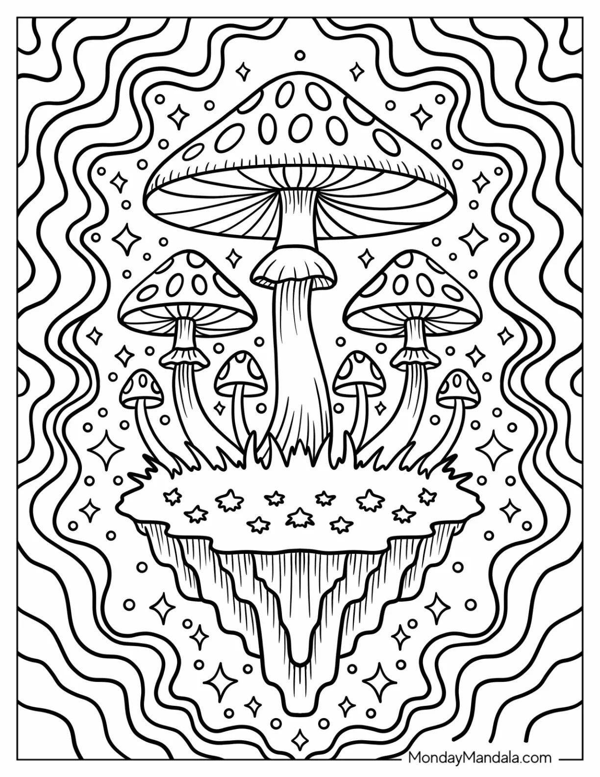 Floating Island of Mushrooms Surrounded by Stars and Wavy Lines Coloring Sheet coloring page