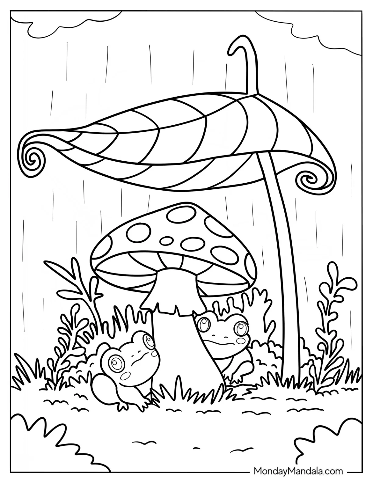 Frogs Sheltering Under A Mushroom Coloring Page coloring page