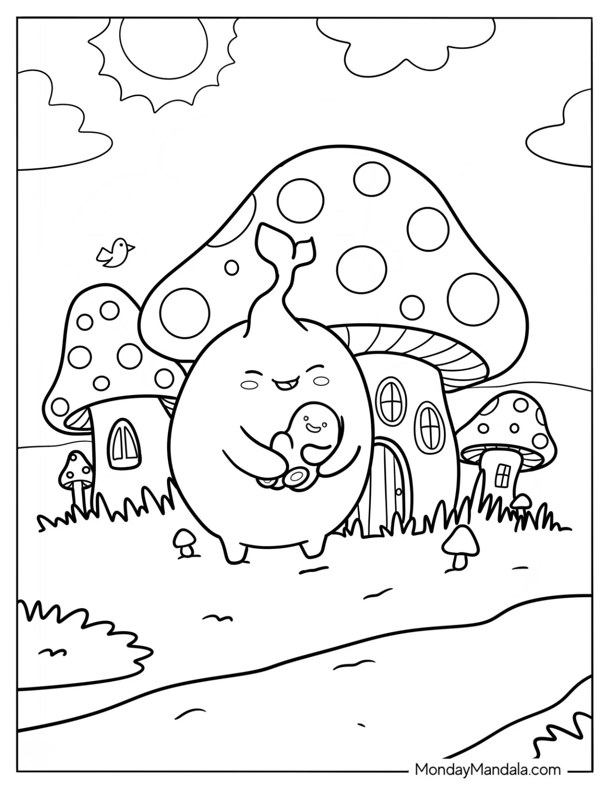Grinning Monster Standing In Front Of Mushroom Coloring Page Of Houses coloring page — printable line art