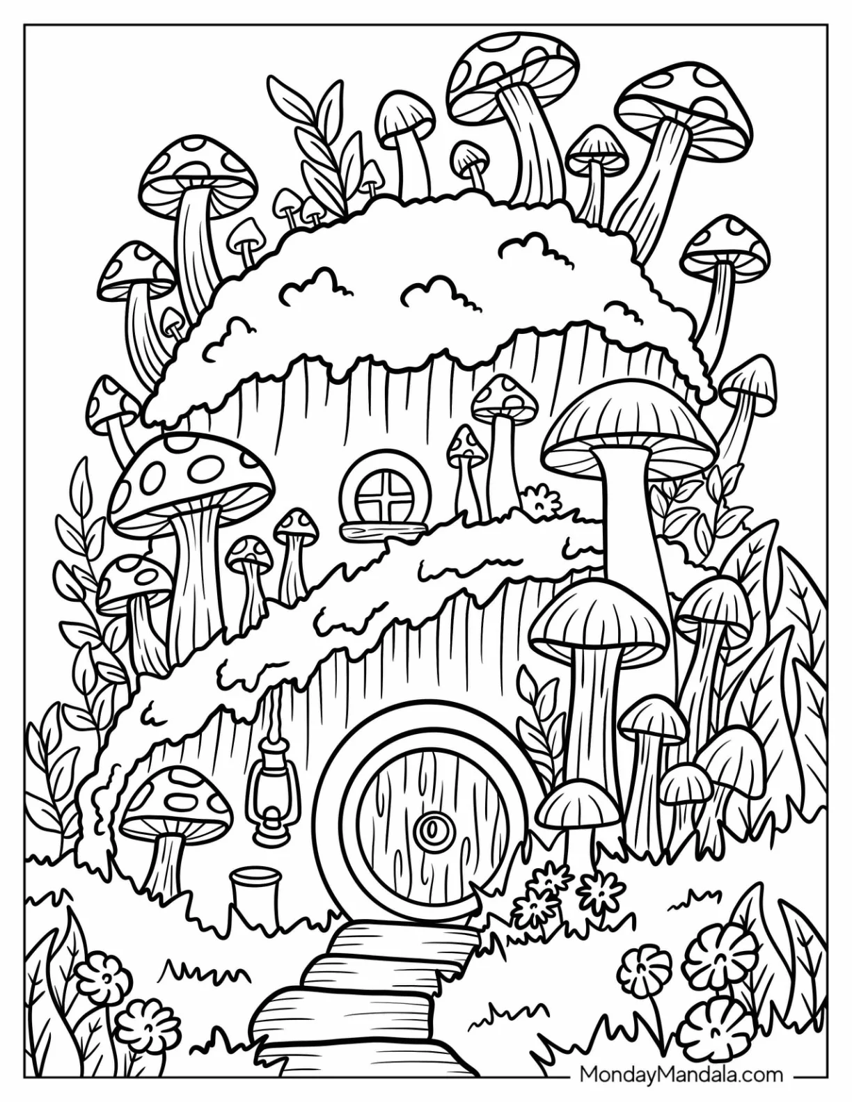 Hobbit Style Mushroom House Tucked into a Forest Hill Coloring Sheet for Kids coloring page