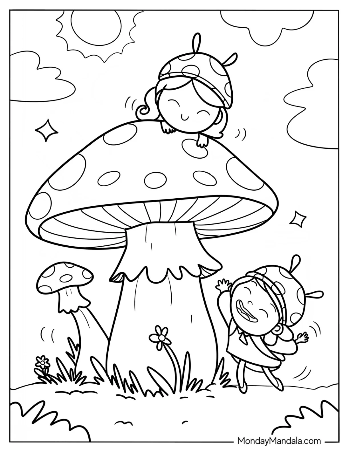 Kawaii Girls Playing With A Giant Mushroom Coloring Page coloring page — printable line art