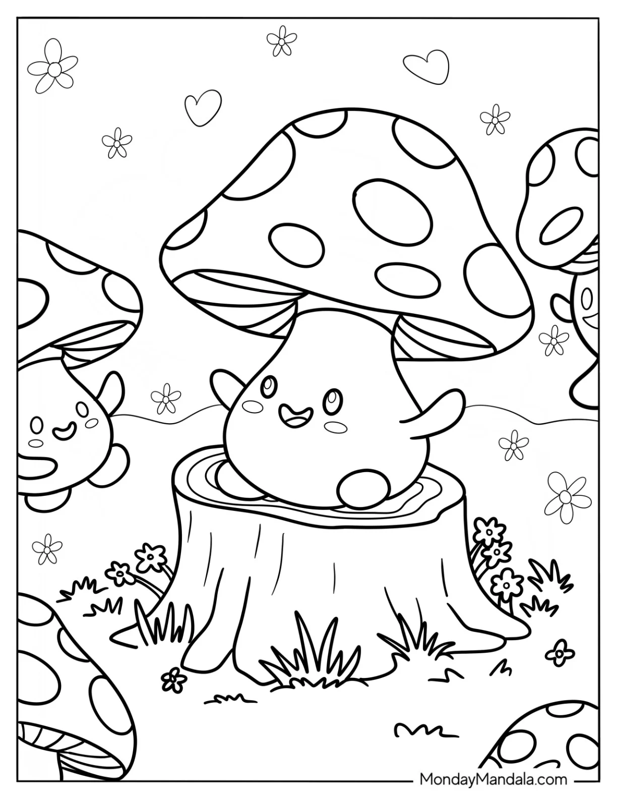 Kawaii Mushroom Coloring Page Sitting On A Tree Stump For Kids coloring page — printable line art