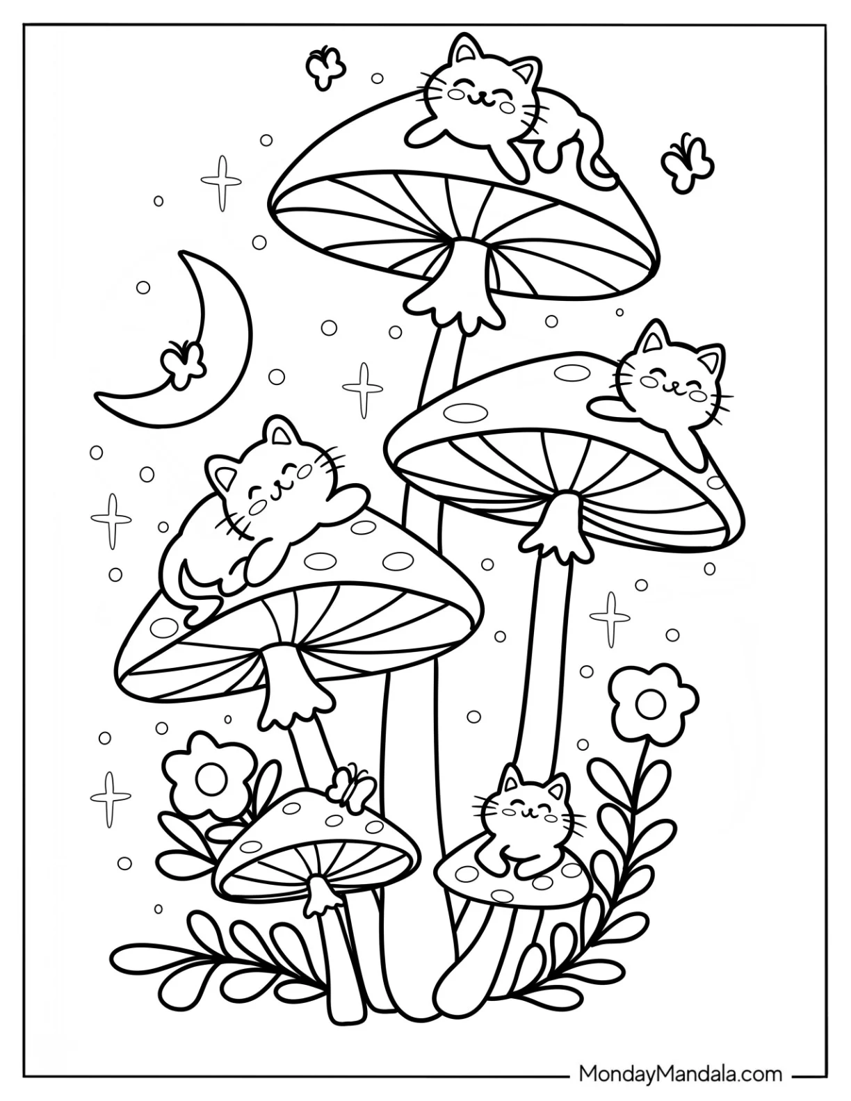 Kittens Sitting On Tall Mushroom Coloring Page coloring page