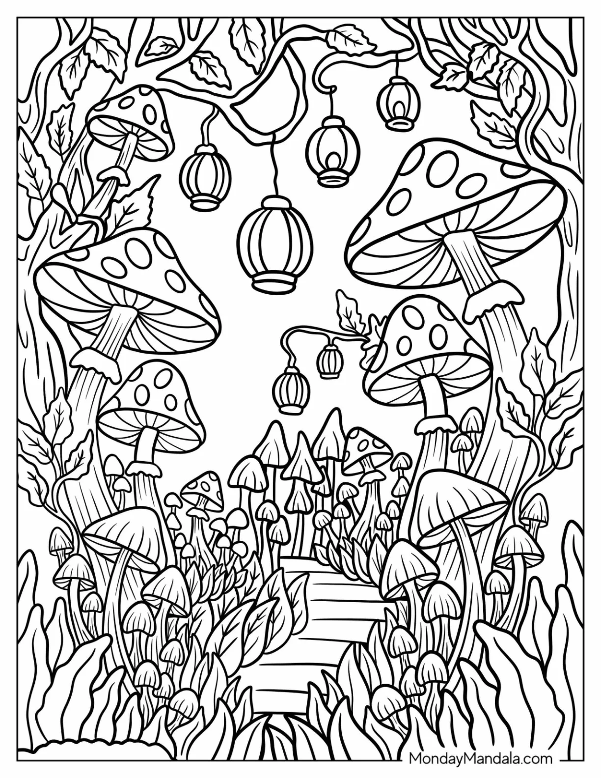 Lantern Trail Through the Enchanted Mushroom Grove Coloring Page coloring page