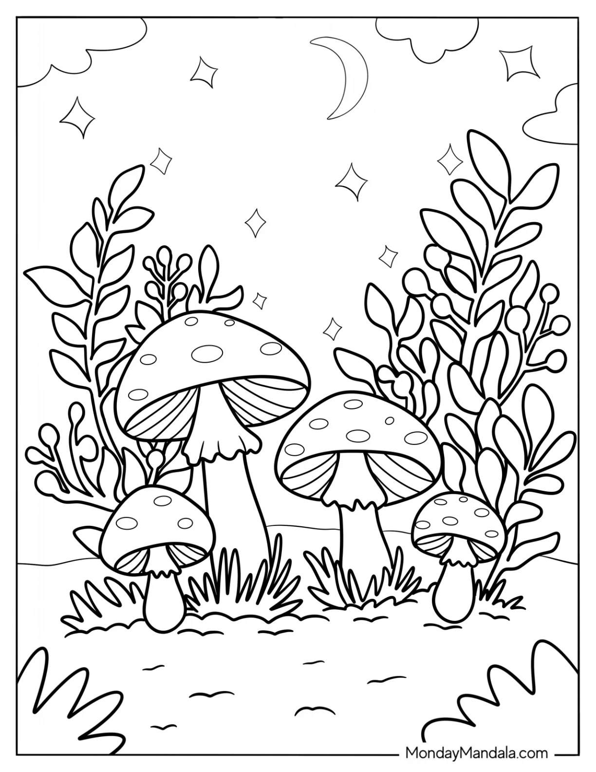 Large Mushroom Coloring Page With Other Plants Under The Night Sky coloring page — printable line art