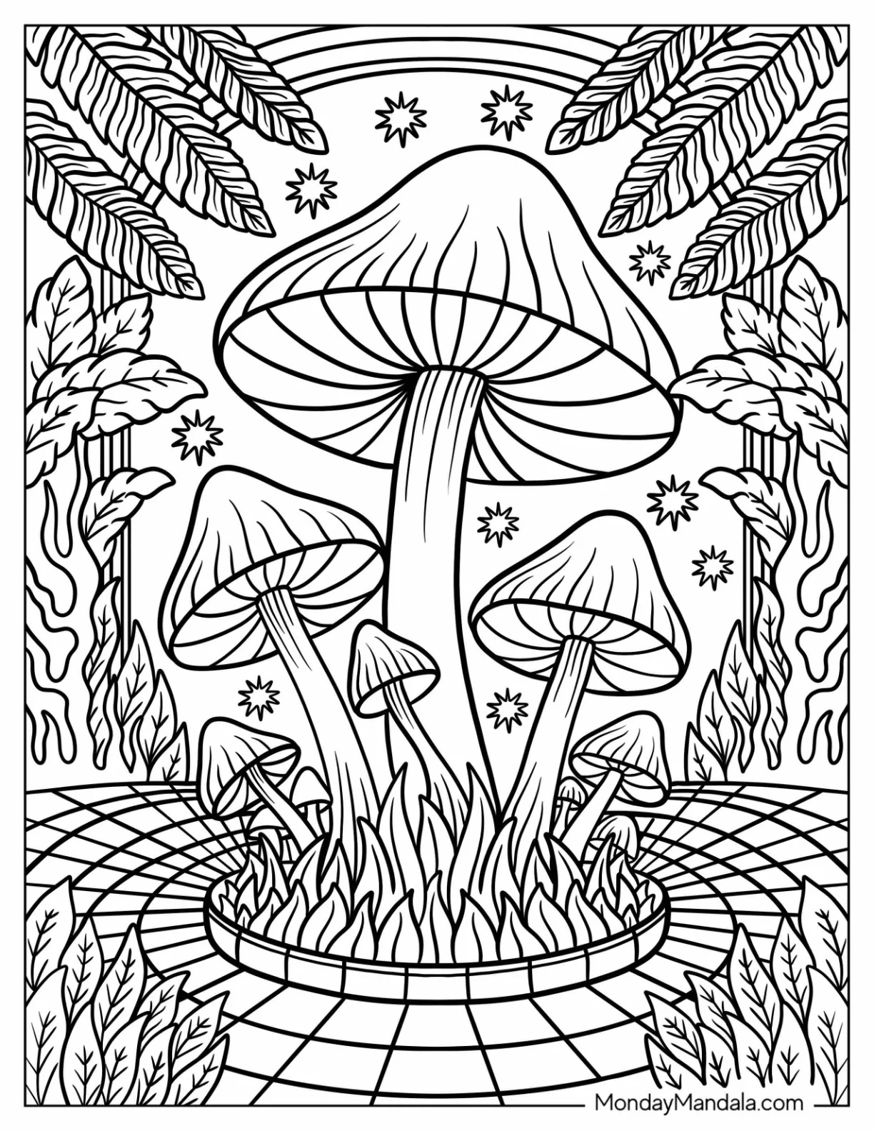 Magic Mushrooms Growing on a Tiled Forest Floor coloring page