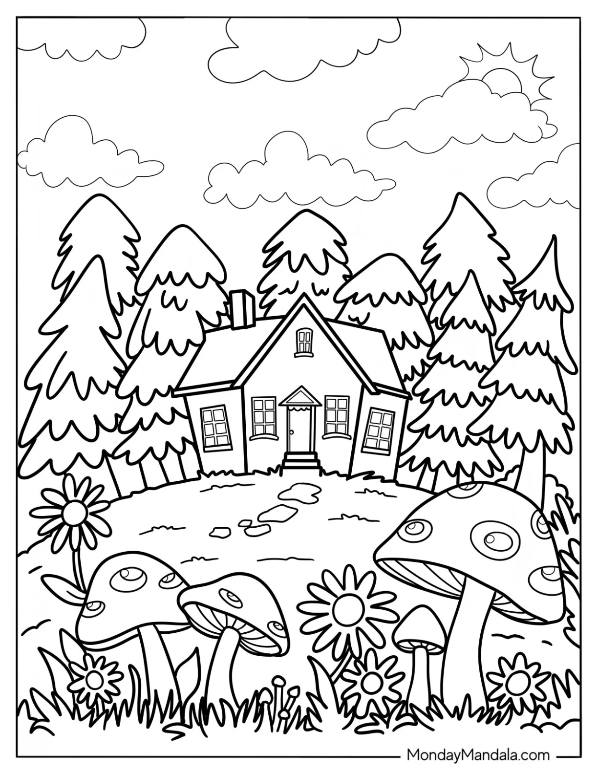 Massive Mushroom Coloring Page Growing Around A Small House coloring page — printable line art