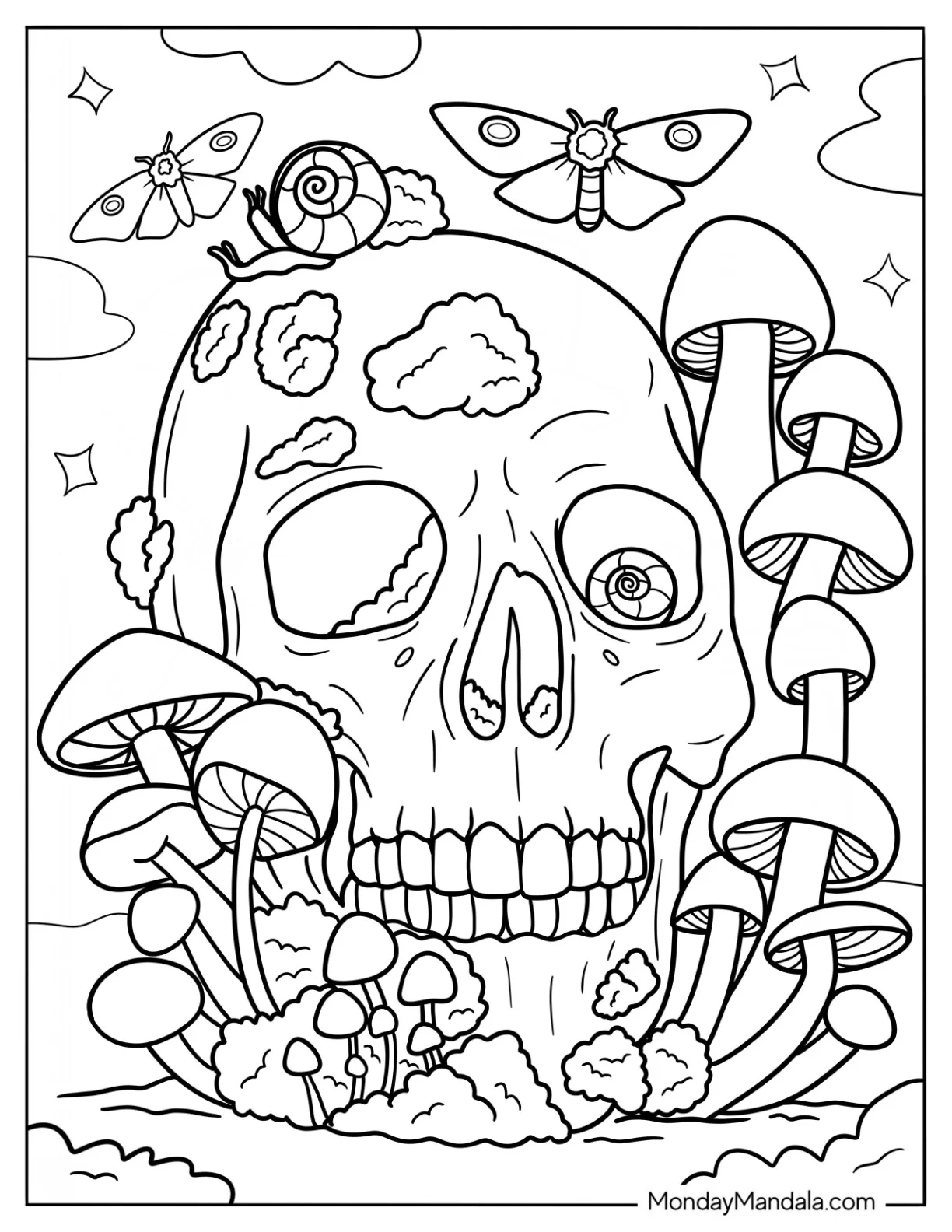 Mushroom Coloring Page Growing Around A Skull coloring page