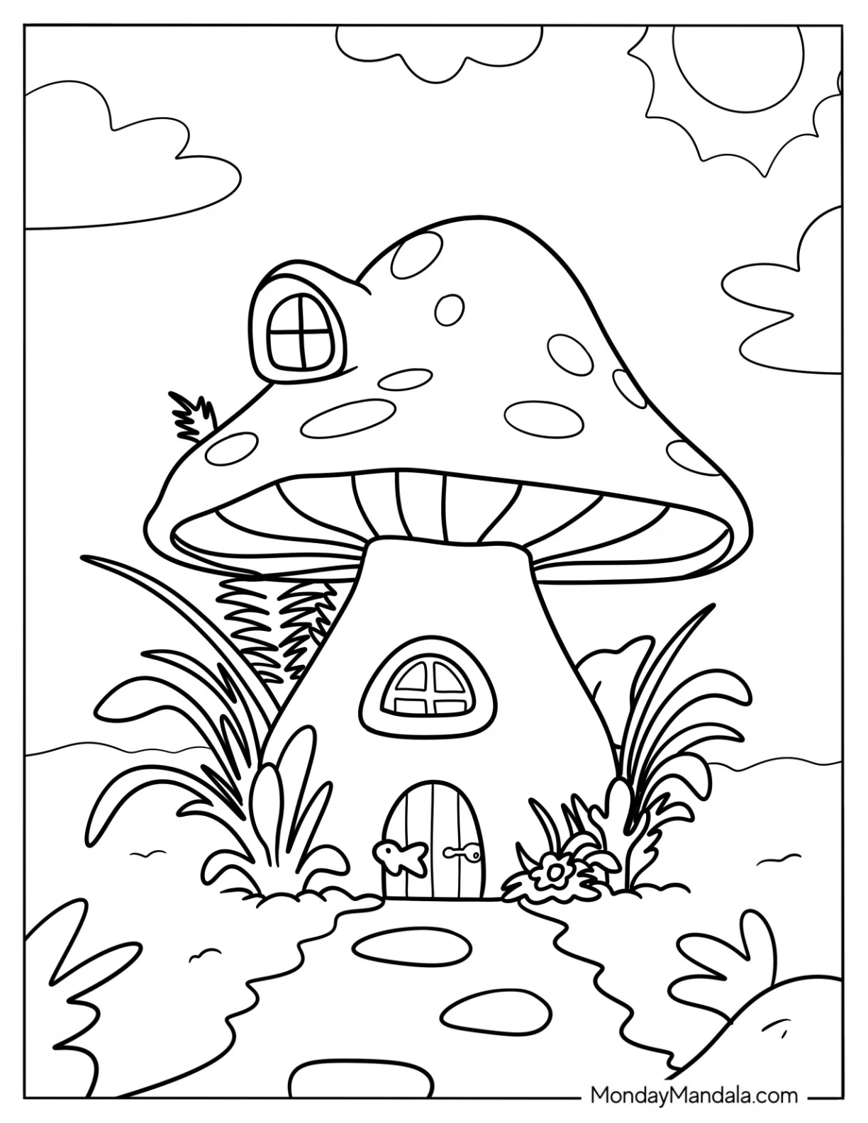 Mushroom Coloring Page House With Two Windows coloring page — printable line art