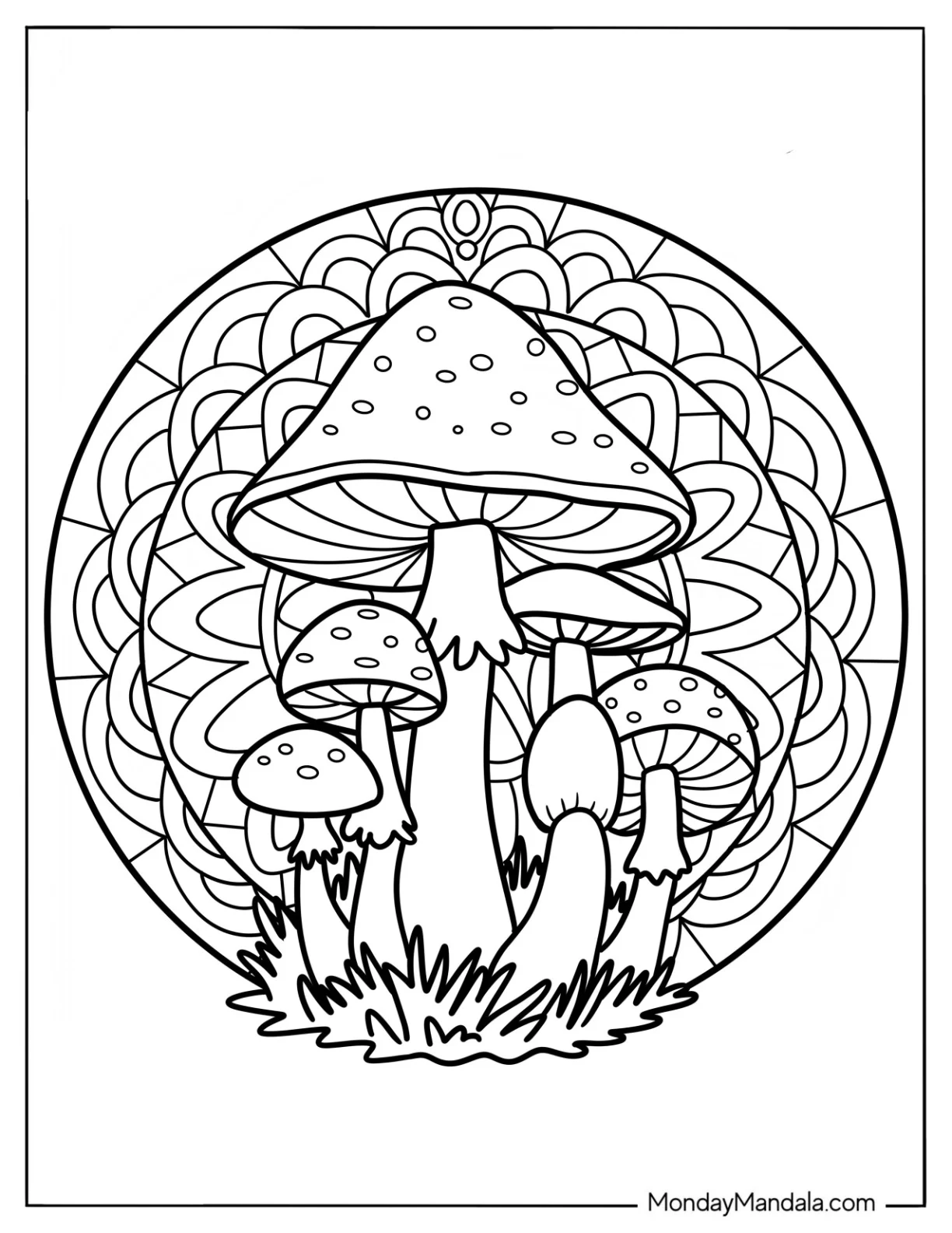 Mushroom Coloring Page In Front Of A Mandala coloring page