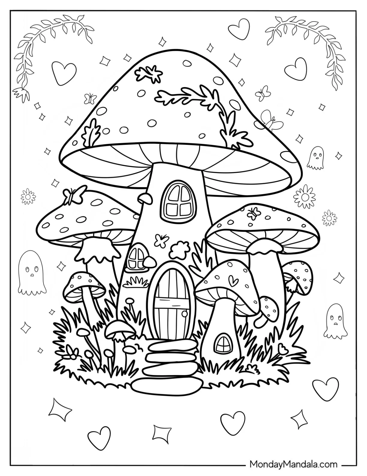 Mushroom Coloring Page Tower With Ghost And Floral Backgrounds coloring page — printable line art