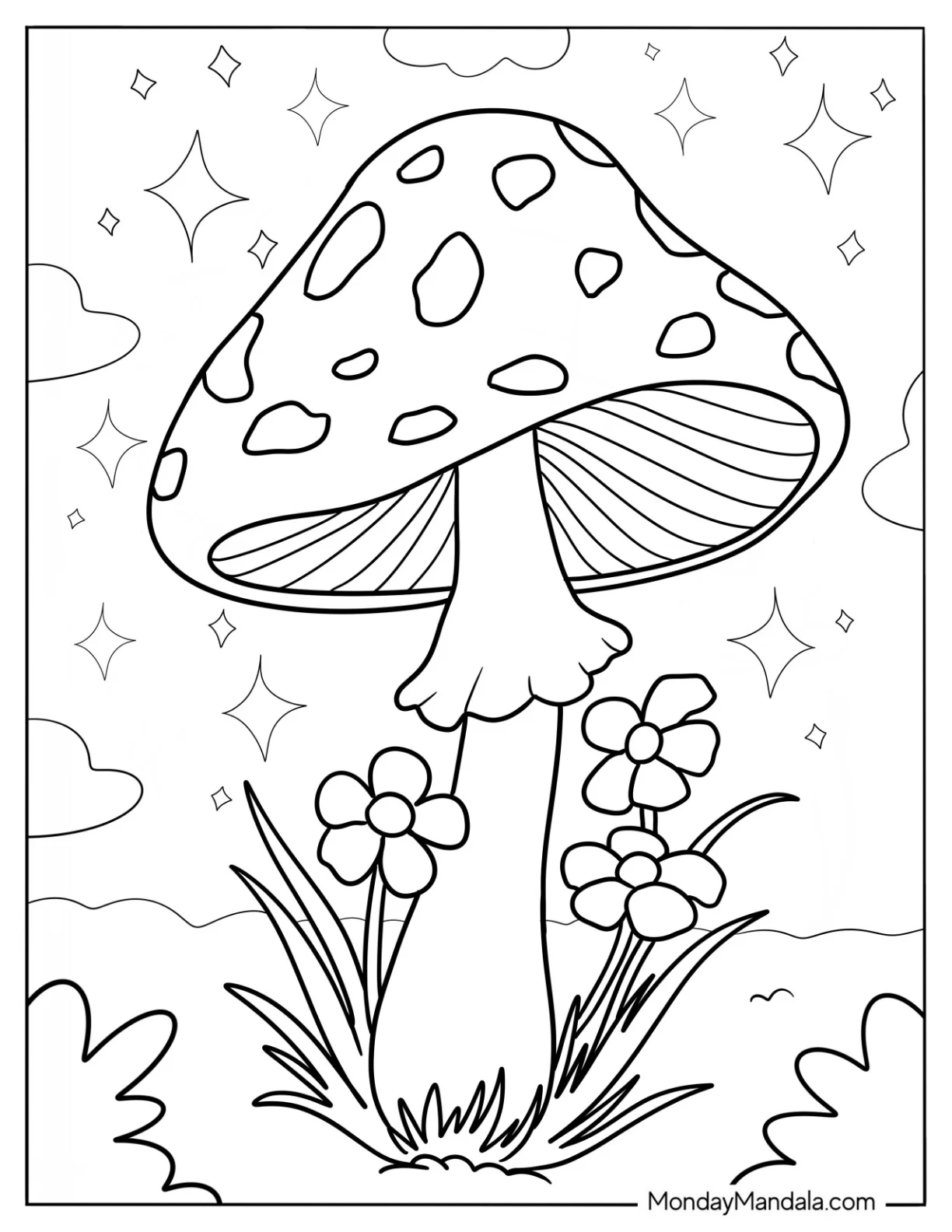 Mushroom Coloring Page With Spotted Cap And Sparkly Background coloring page