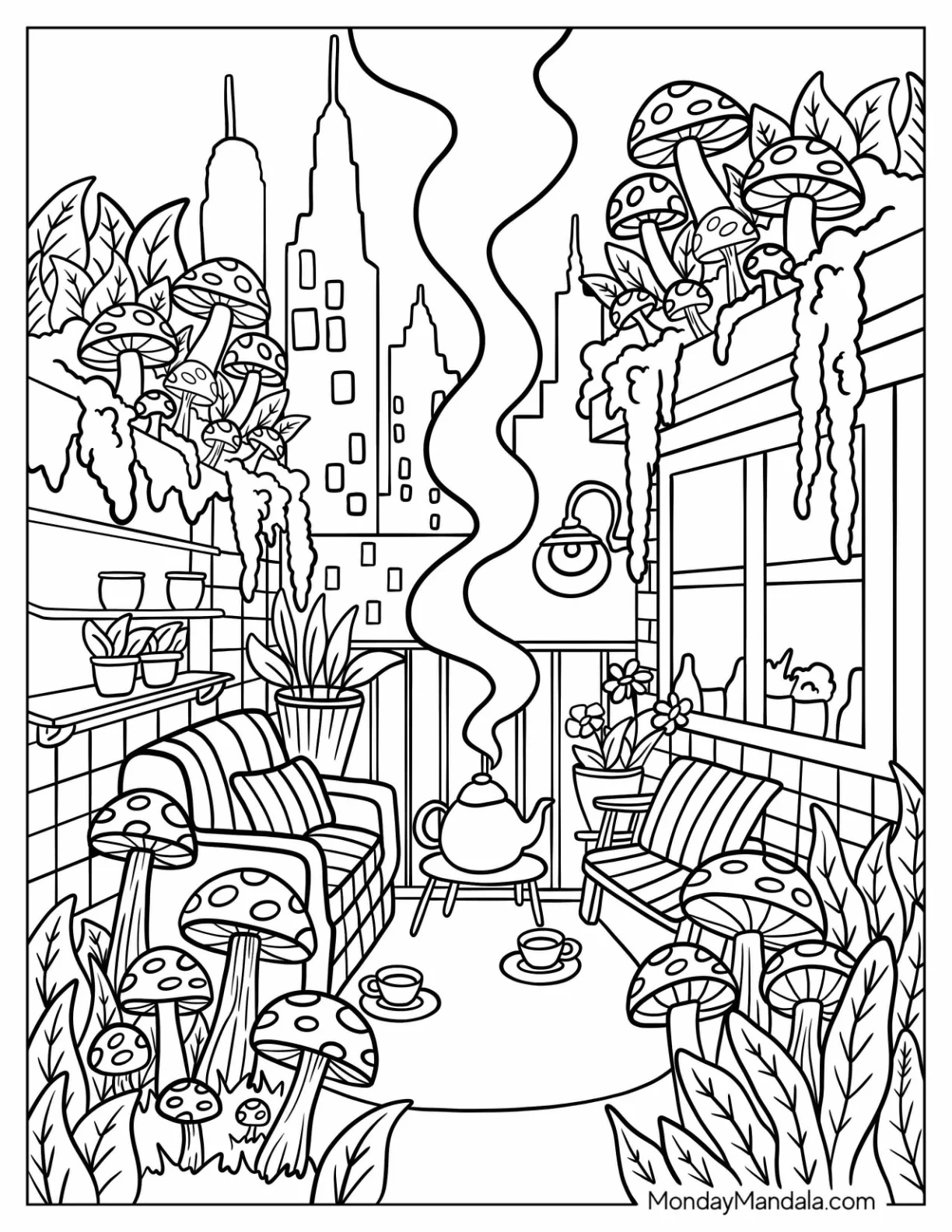 Mushroom Garden Balcony with City Skyline View coloring page — printable line art