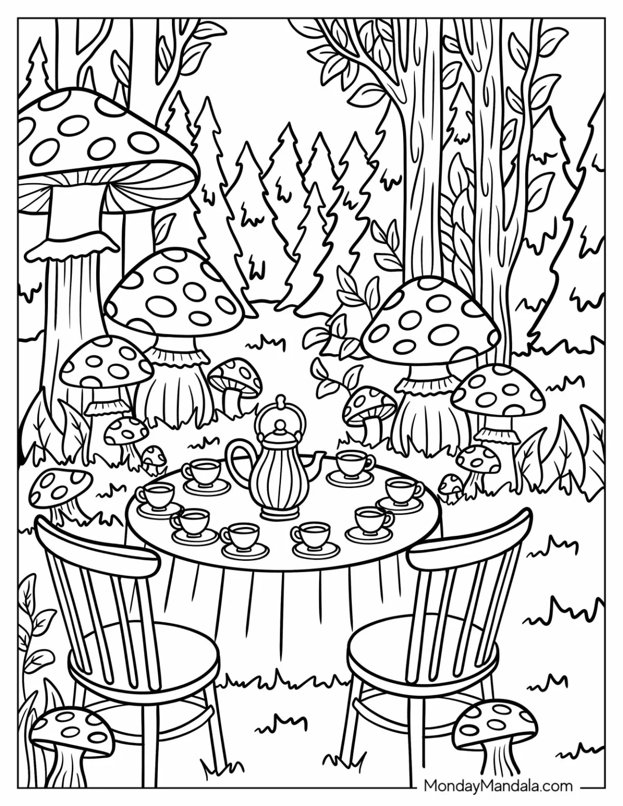 Mushroom Grove Tea Party in the Woods Coloring Sheet coloring page