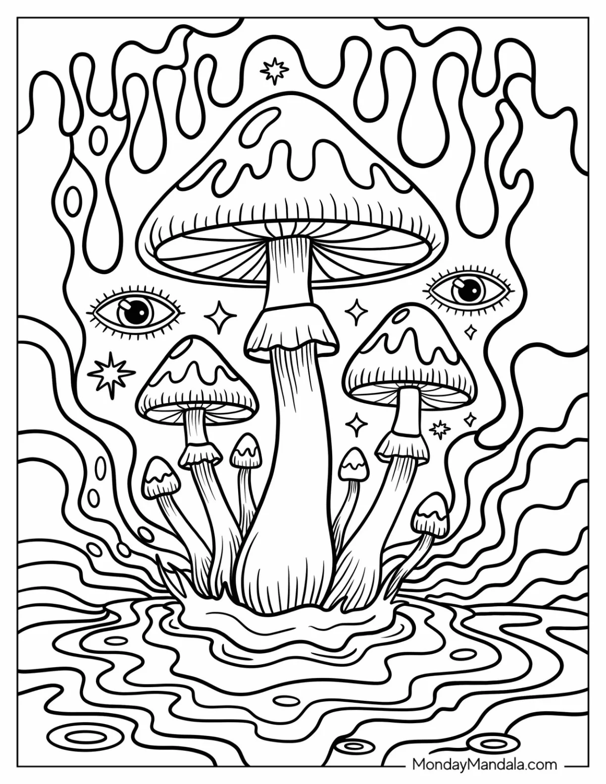 Mushrooms Rising from Rippling Water with Eyes and Psychedelic Patterns coloring page — printable line art