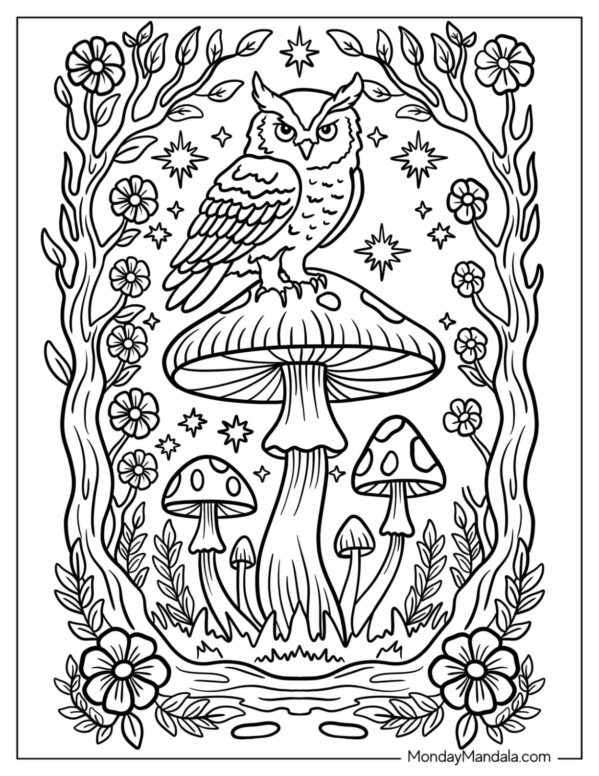 Owl Perched on Mushroom Surrounded by Forest Flowers and Stars coloring page — printable line art