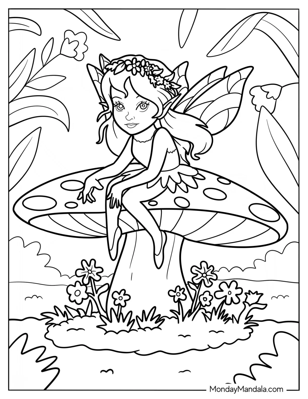 Pretty Fairy Sitting On A Mushroom Coloring Page coloring page