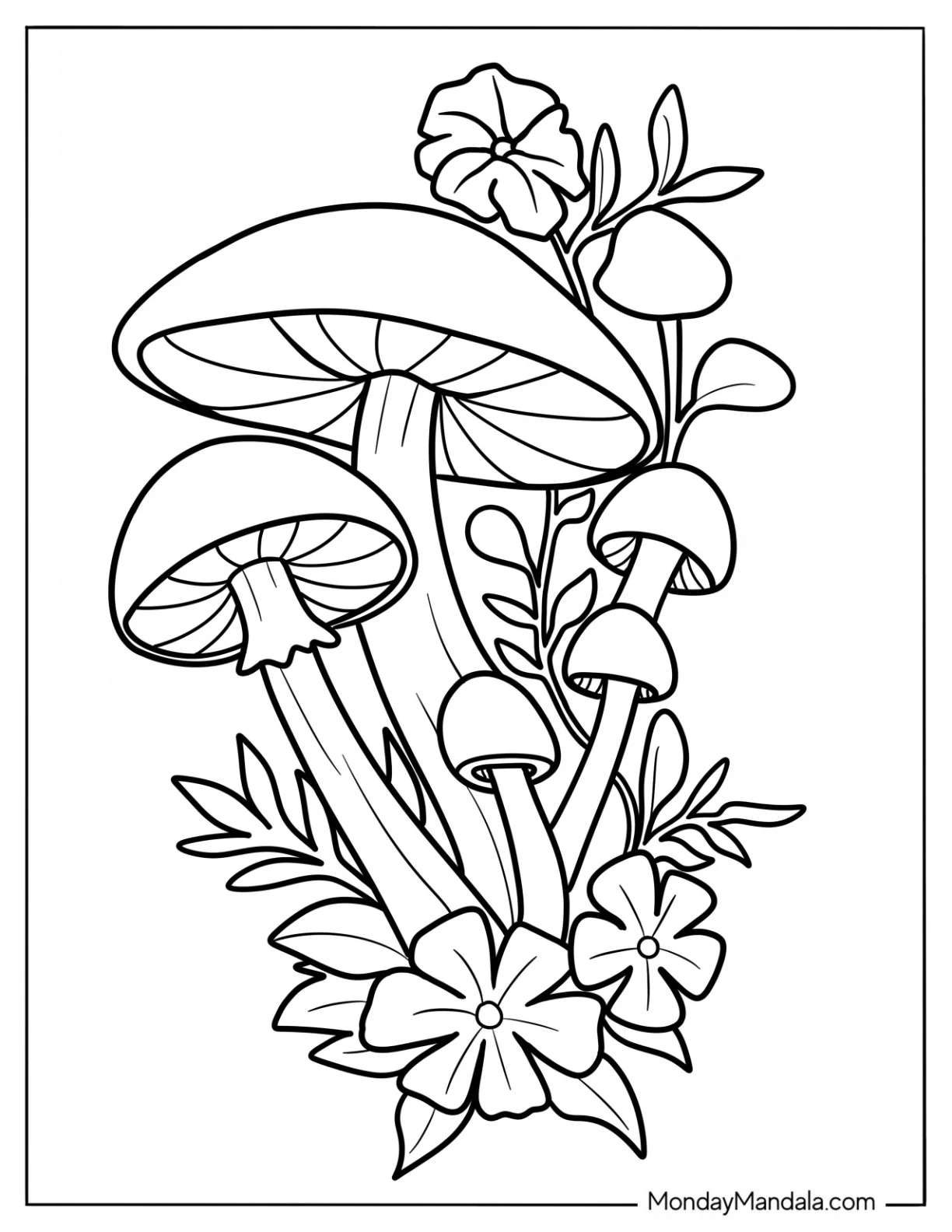 Realistic Mushroom Coloring Page Growing With Flowers coloring page