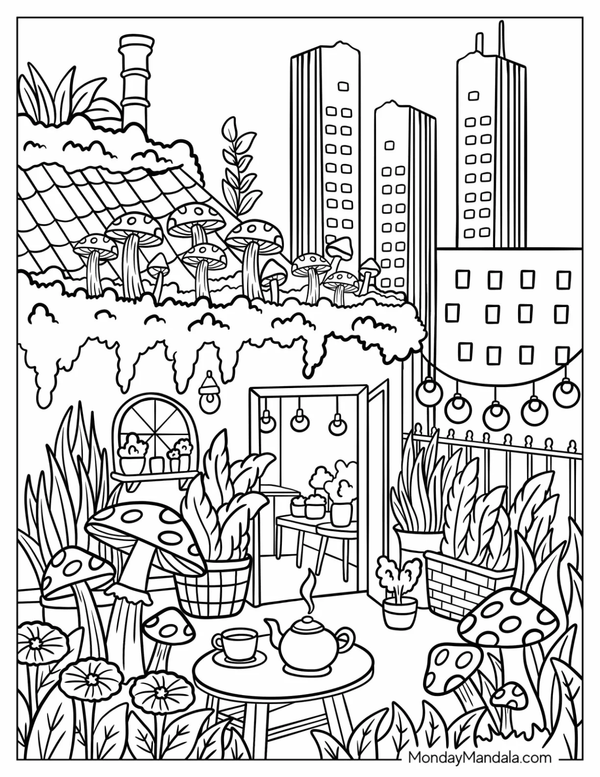 Rooftop Tea Time in a Mushroom City Garden Coloring Page coloring page — printable line art