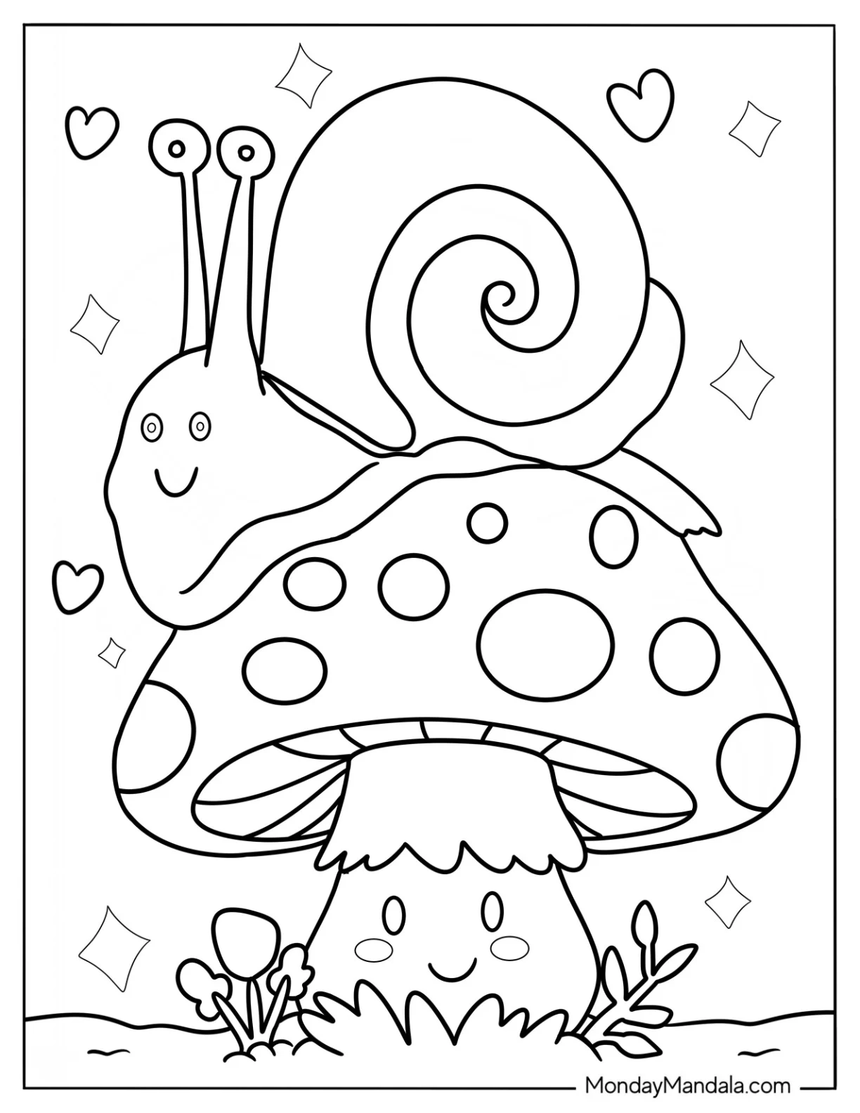 Snail Crawling On Top Of A Mushroom Coloring Page For Preschoolers coloring page