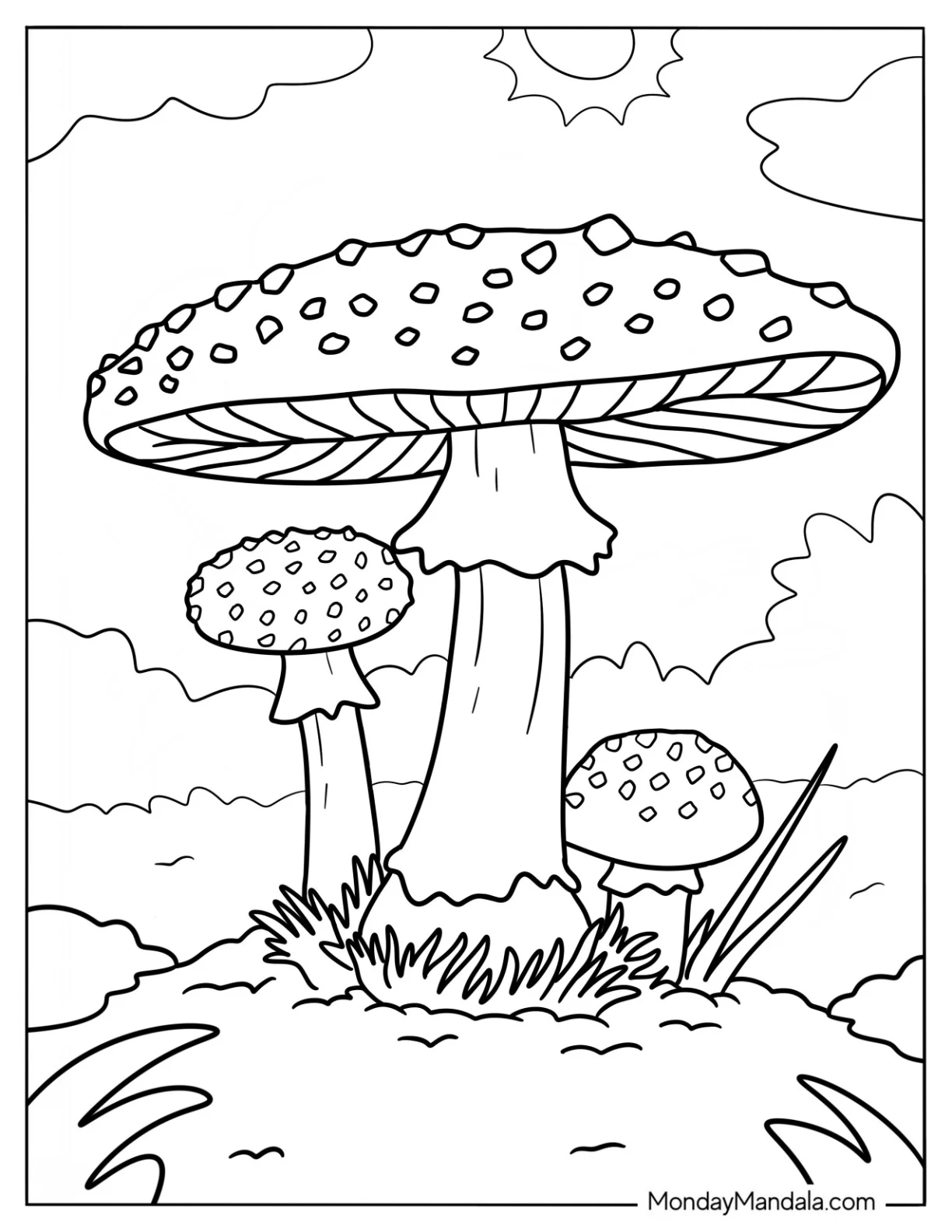 Three Fly Agaric Mushrooms Coloring Page For Kids coloring page