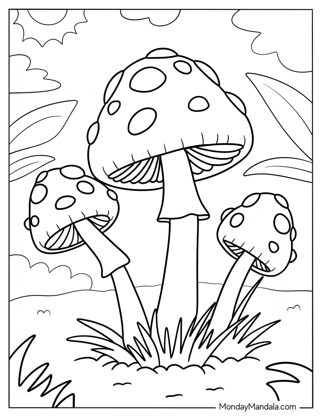 Three Realistic Mushroom Coloring Page Surrounded By Larger Plants coloring page — printable line art