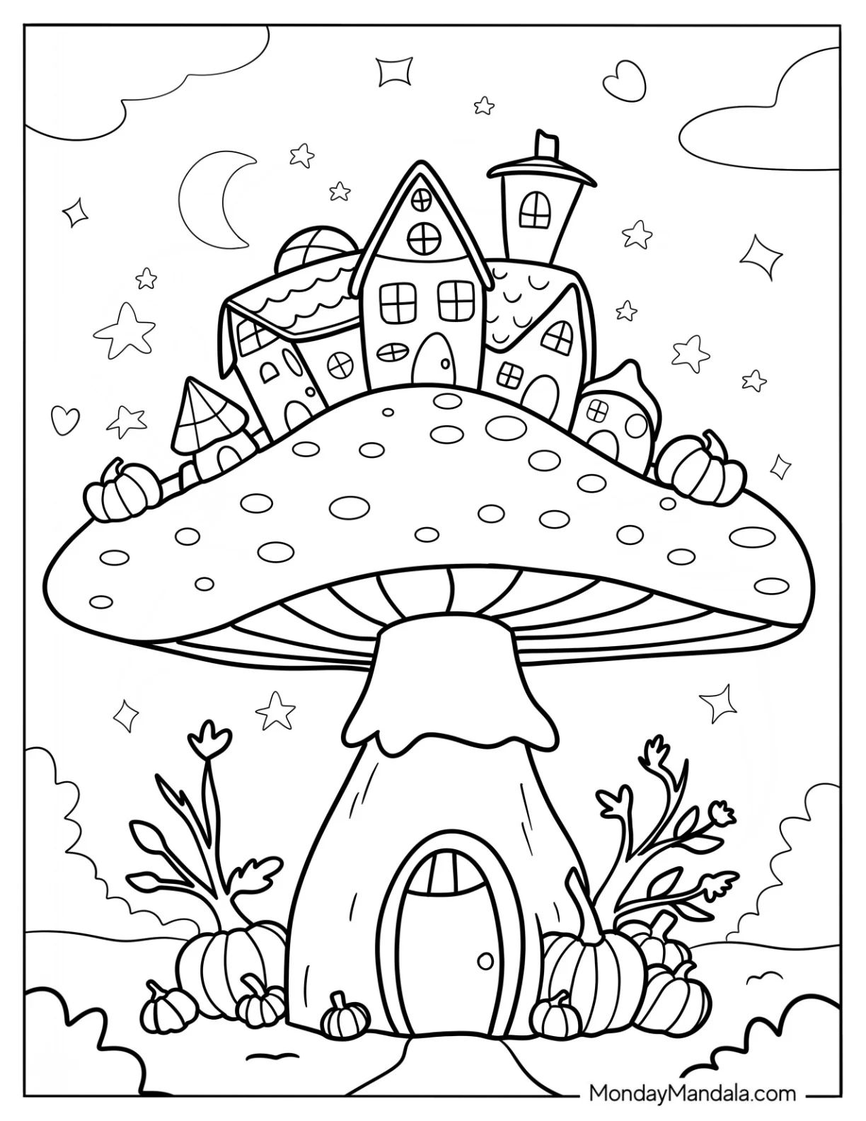 Tiny Houses And Pumpkins Growing On Top Of A Mushroom Coloring Page coloring page