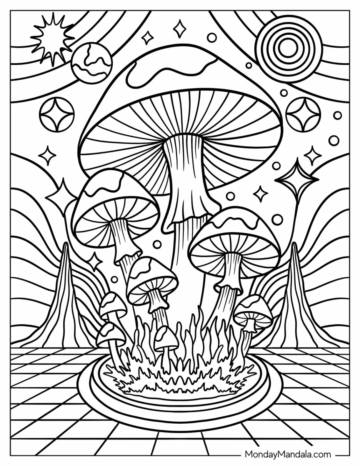 Trippy Mushroom Garden Beneath the Stars Coloring Sheet for Kids coloring page — printable line art