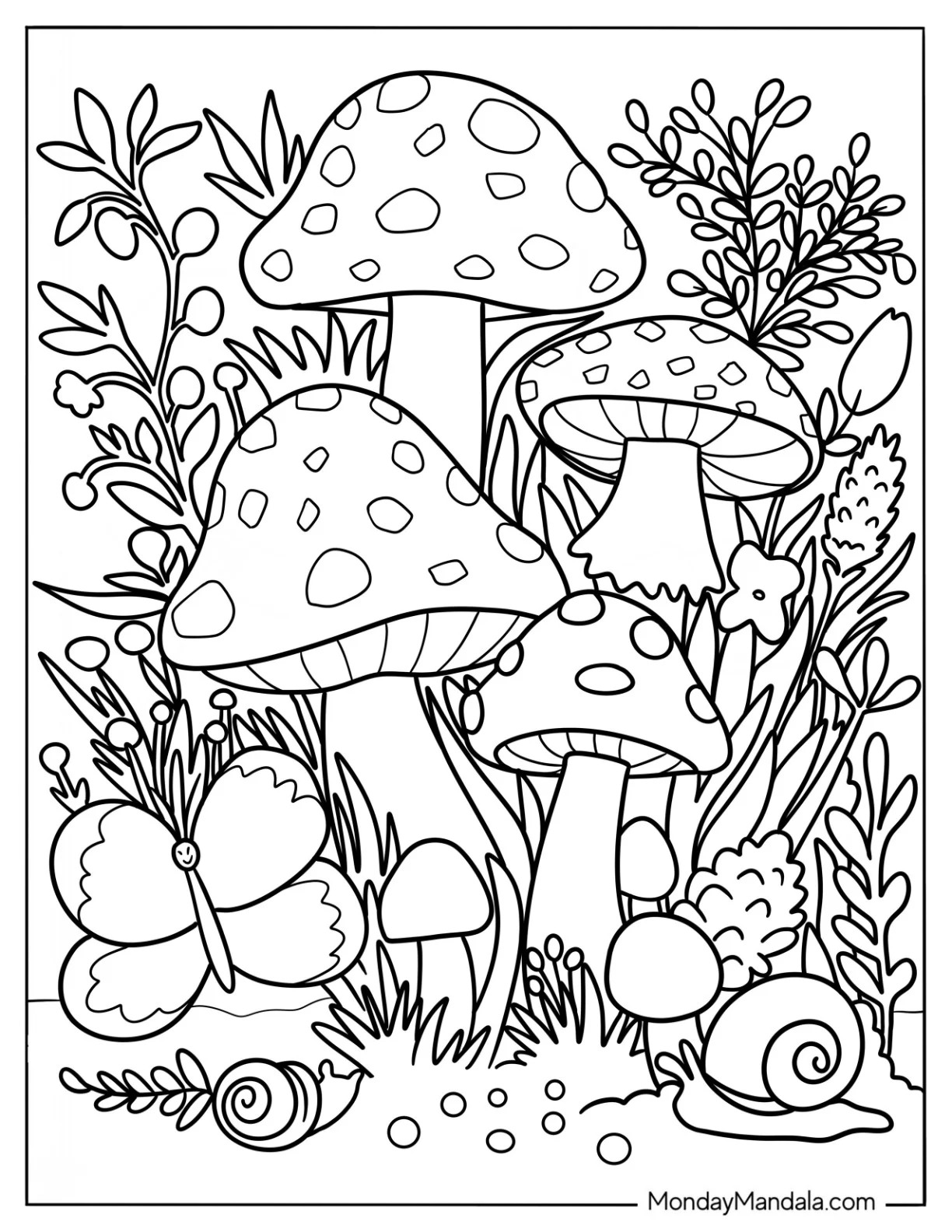 Wildflowers And Weeds Growing Around Mushroom Coloring Page coloring page