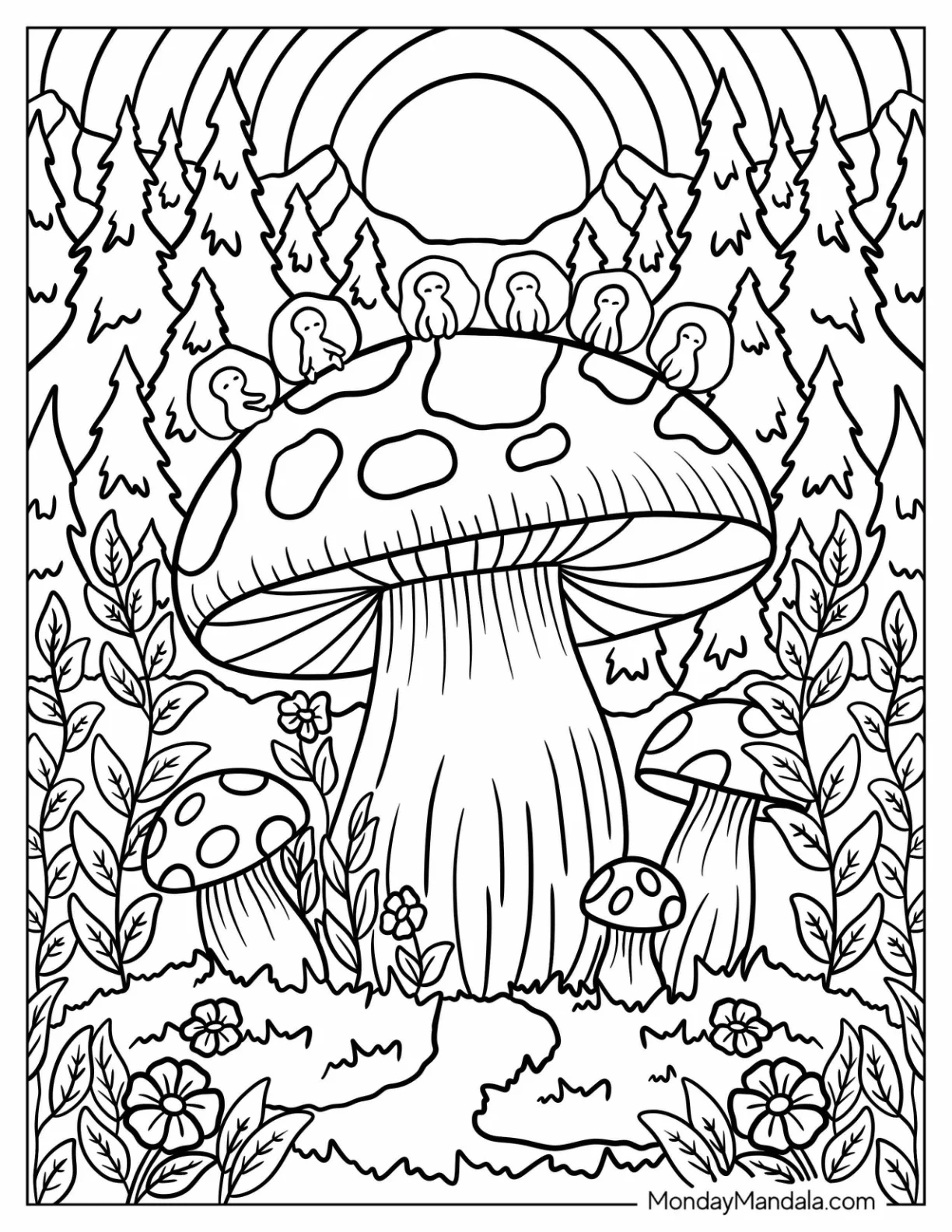 Woodland Birds Resting on a Mushroom at Dawn Coloring Page for Kids coloring page