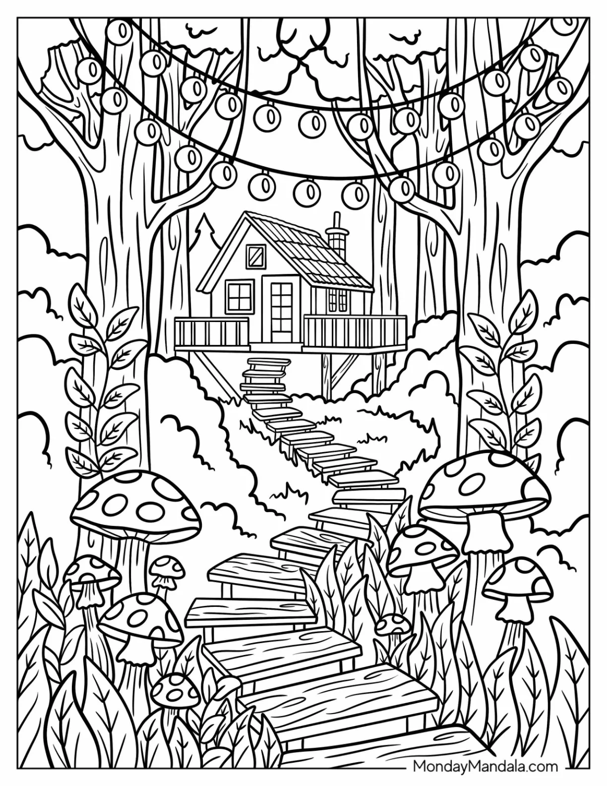 Woodland Cabin at the End of the Mushroom Path coloring page — printable line art