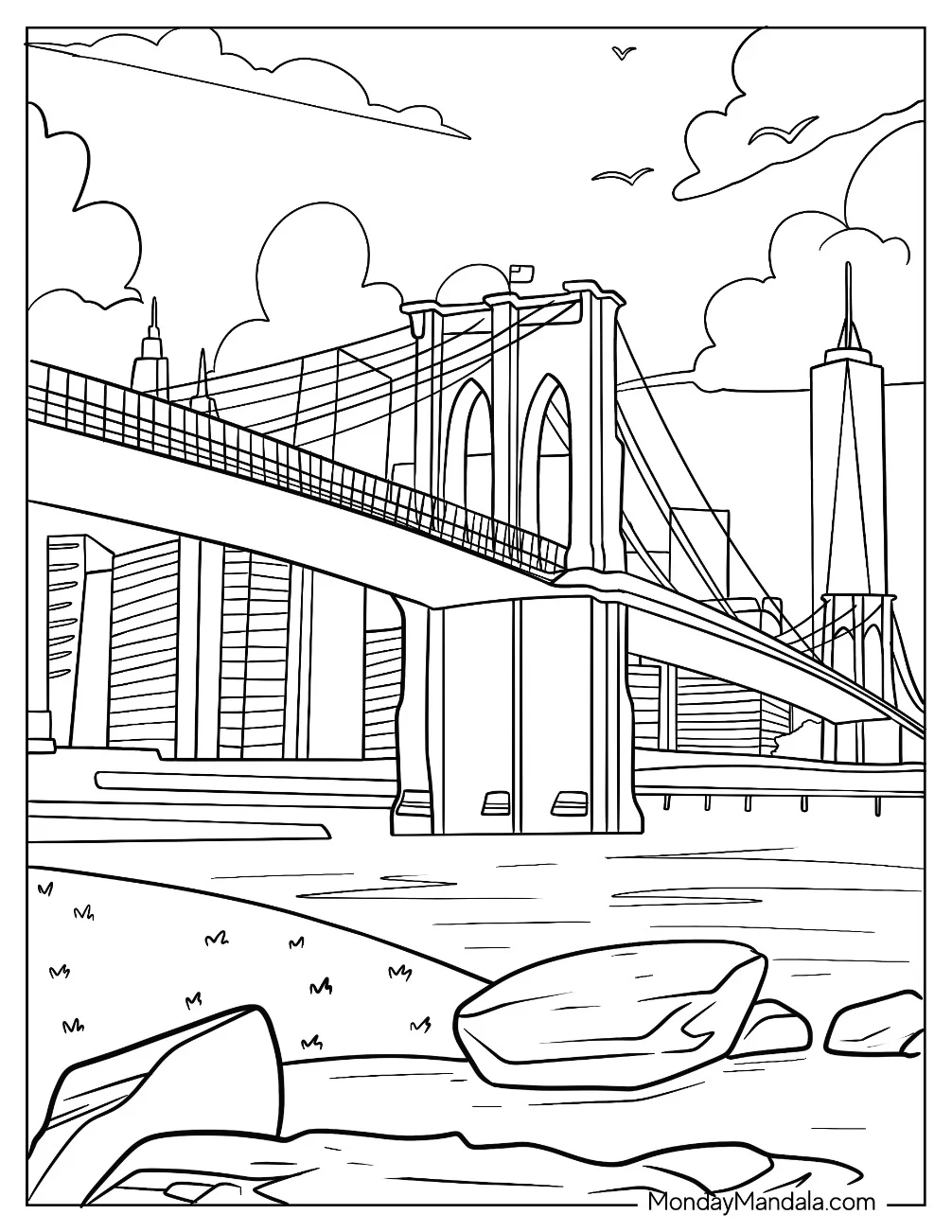 Brooklyn Bridge In New York Coloring Page coloring page — printable line art