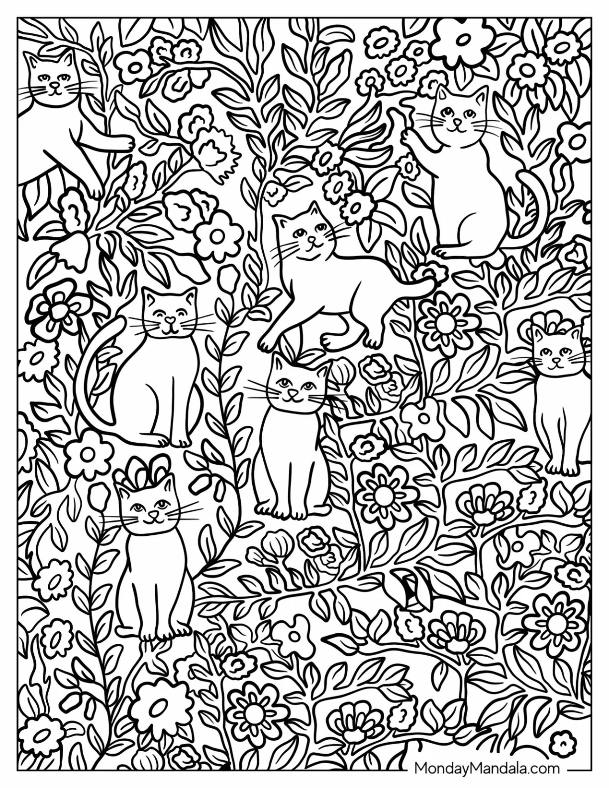 Cats And Flowers Pattern Coloring Page coloring page