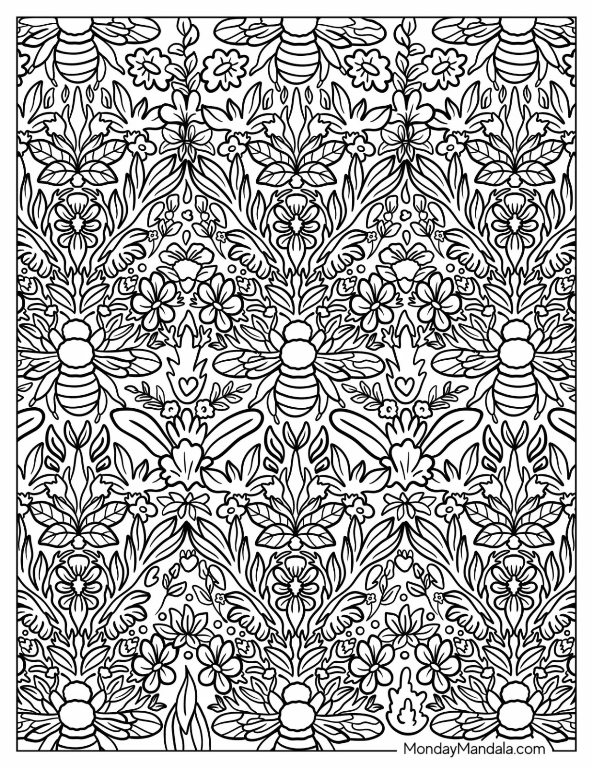 Complex Bumblebee In Nature Pattern Coloring Page coloring page — printable line art