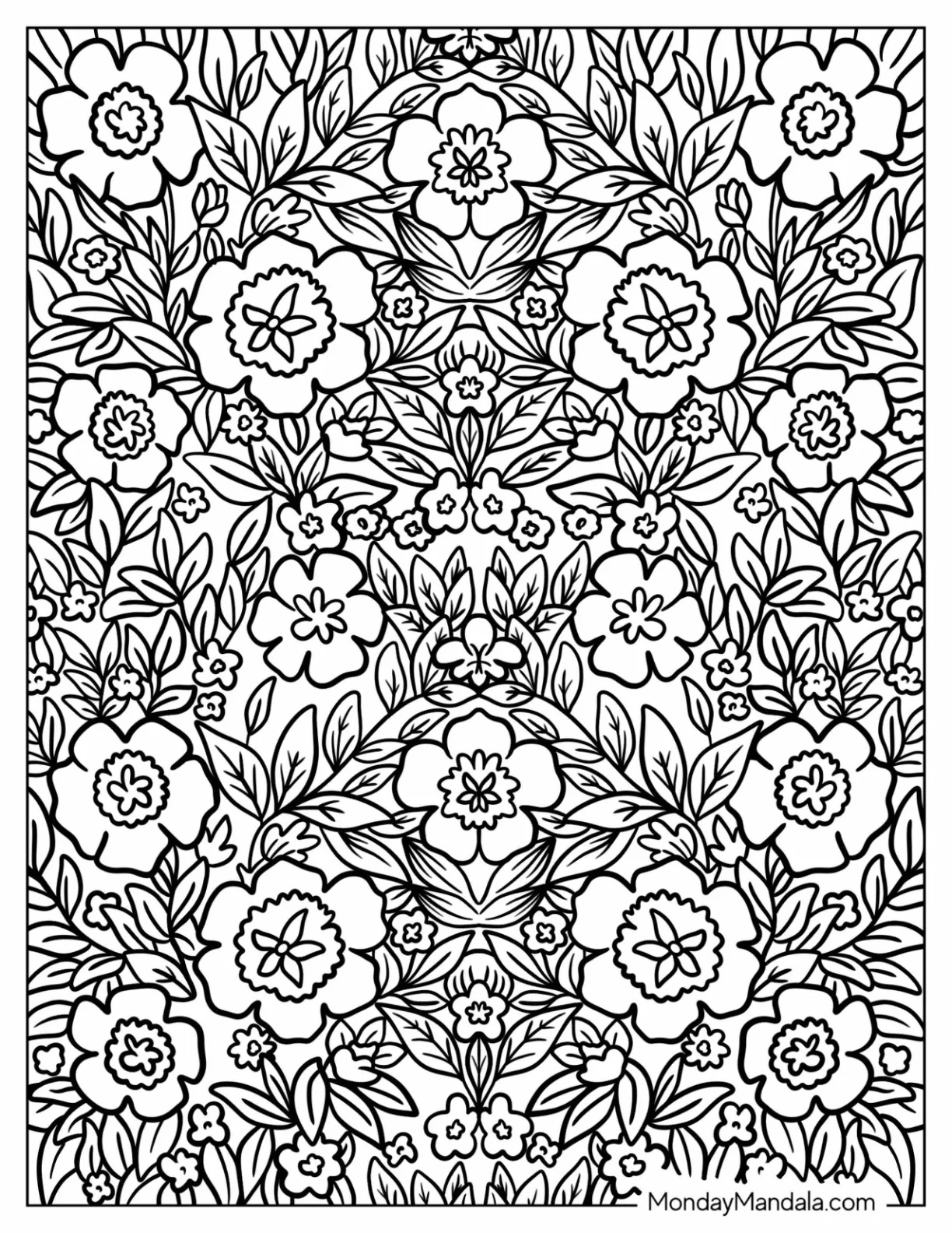 Complex Flower And Leaves Pattern Coloring Page coloring page