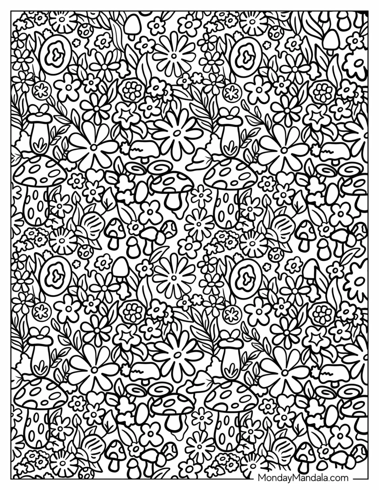 Flowers And Mushrooms Pattern Coloring Page coloring page
